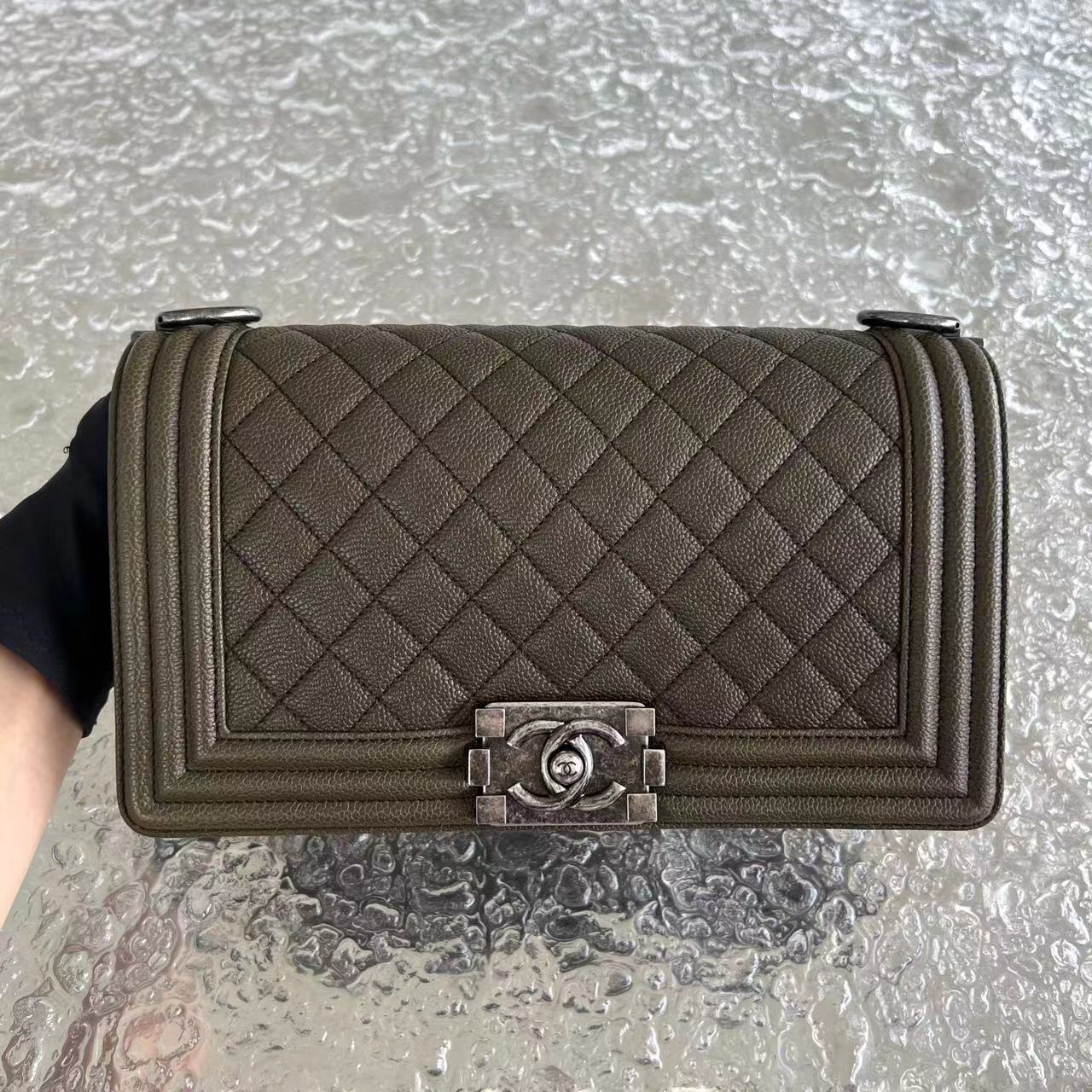 Chanel Caviar Boy Old Medium 25CM Quilted Grained Calfskin Olive Green Ruthenium Silver Hardware Series 23 - Luxury Evermore