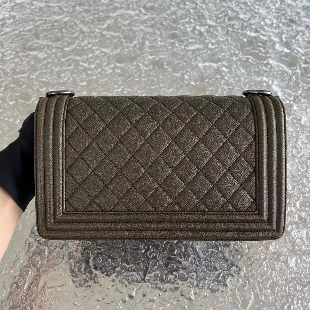 Chanel Caviar Boy Old Medium 25CM Quilted Grained Calfskin Olive Green Ruthenium Silver Hardware Series 23 - Luxury Evermore