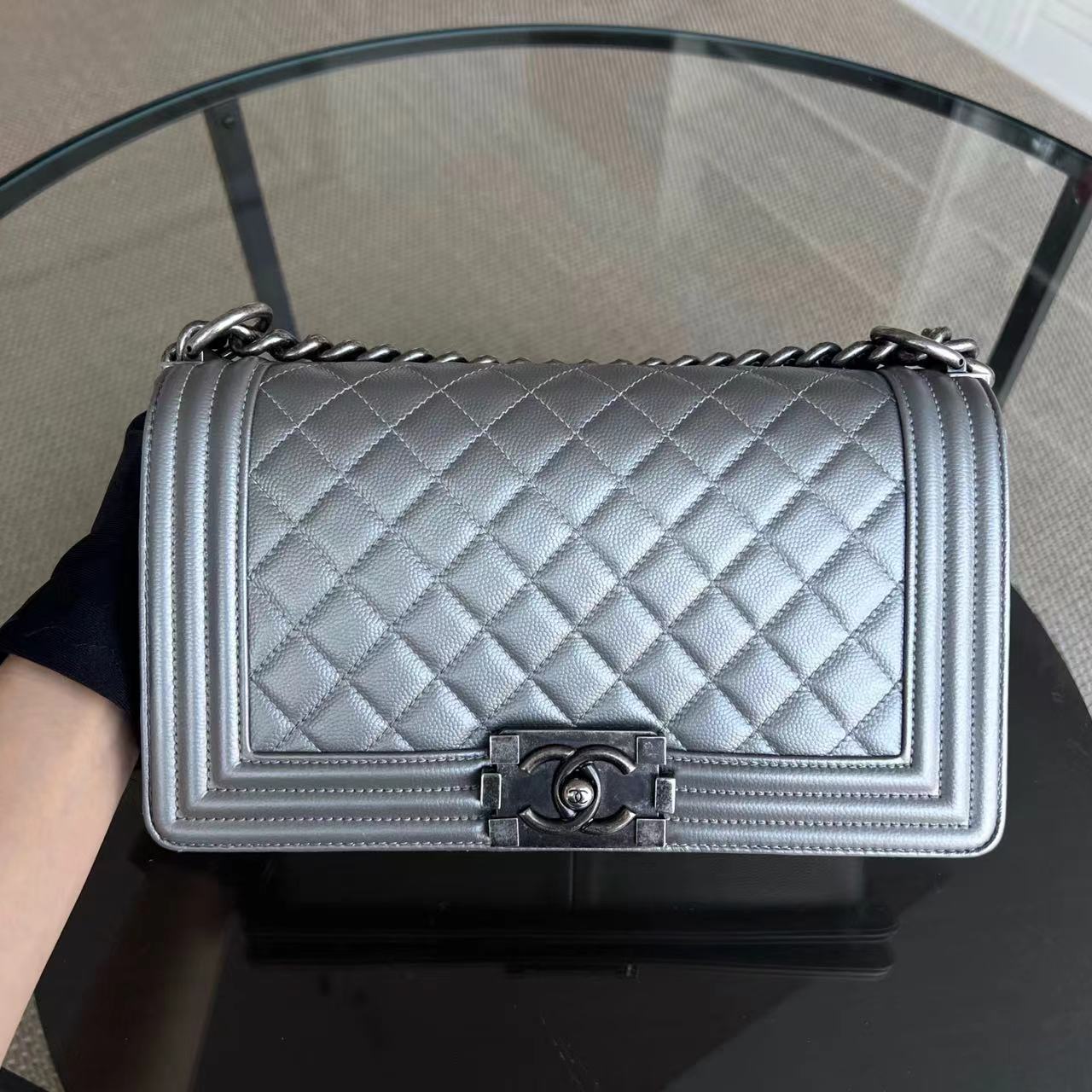 Chanel Caviar Boy Old Medium 25CM Quilted Grained Calfskin Silver Ruthenium Silver Hardware Series 24 - Luxury Evermore