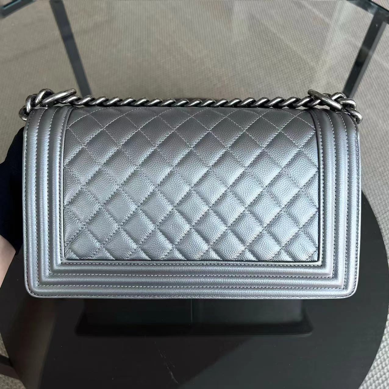 Chanel Caviar Boy Old Medium 25CM Quilted Grained Calfskin Silver Ruthenium Silver Hardware Series 24 - Luxury Evermore