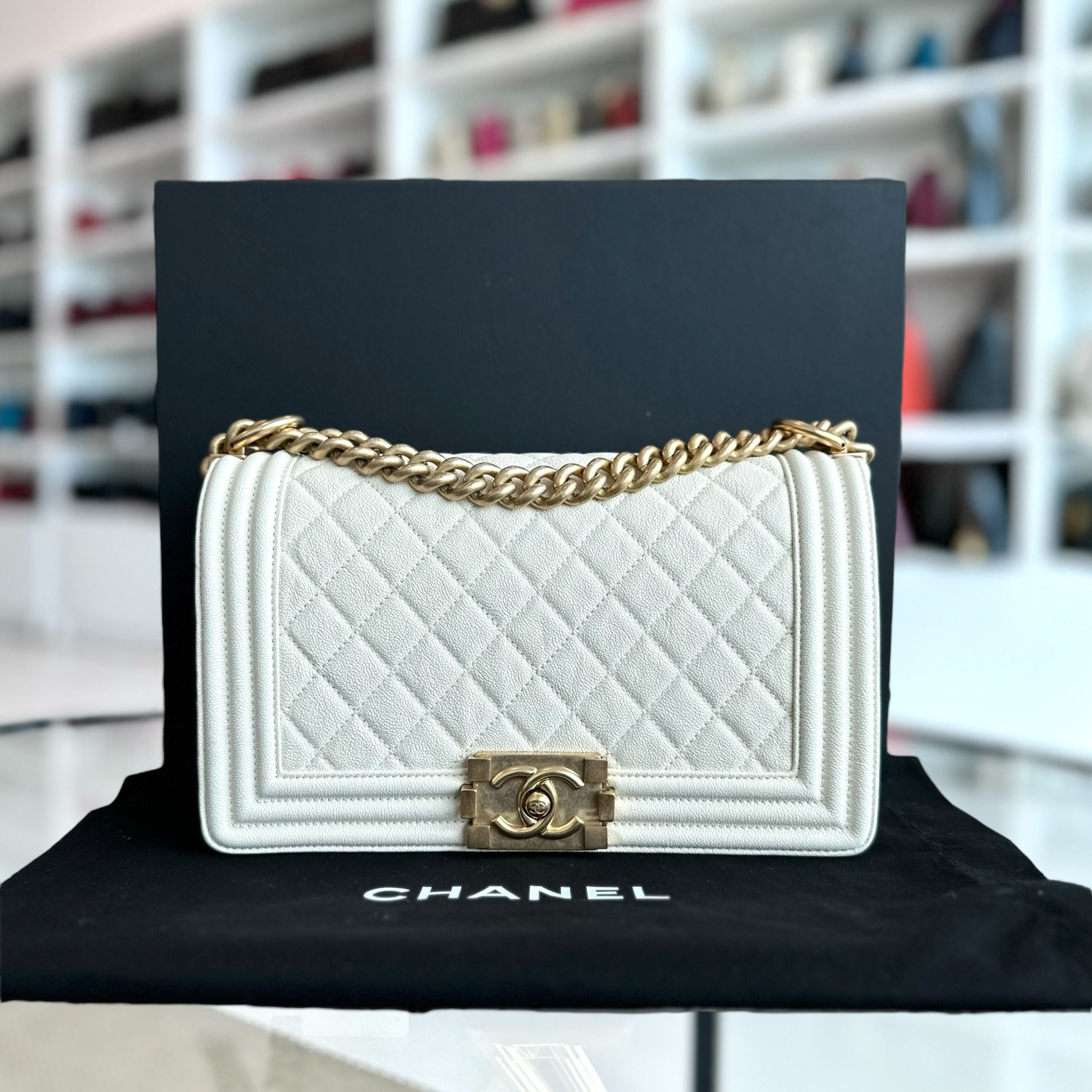 Chanel Caviar Boy Old Medium 25CM Quilted Leboy White GHW No 27 - Luxury Evermore