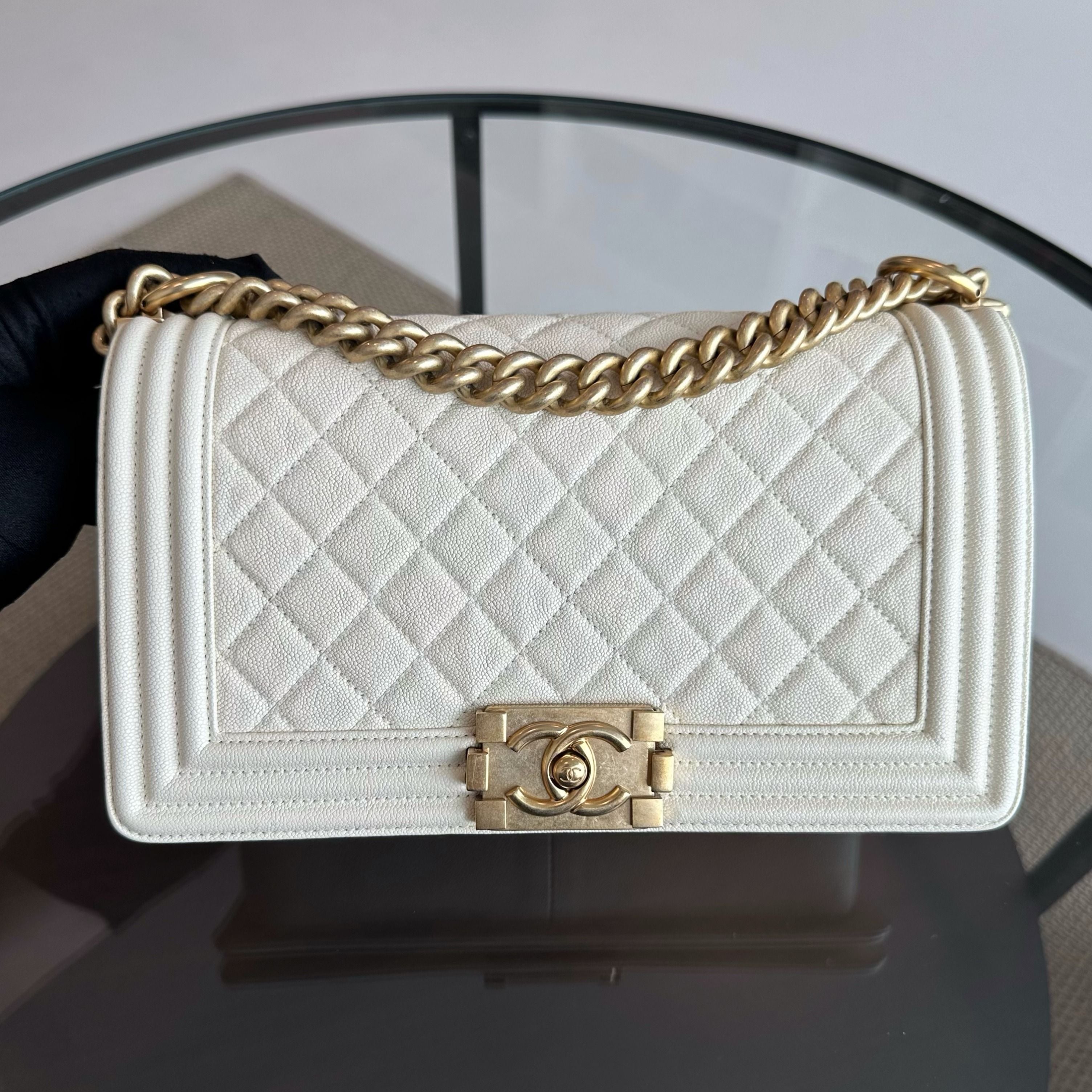 Chanel Caviar Boy Old Medium 25CM Quilted Leboy White GHW No 27 - Luxury Evermore