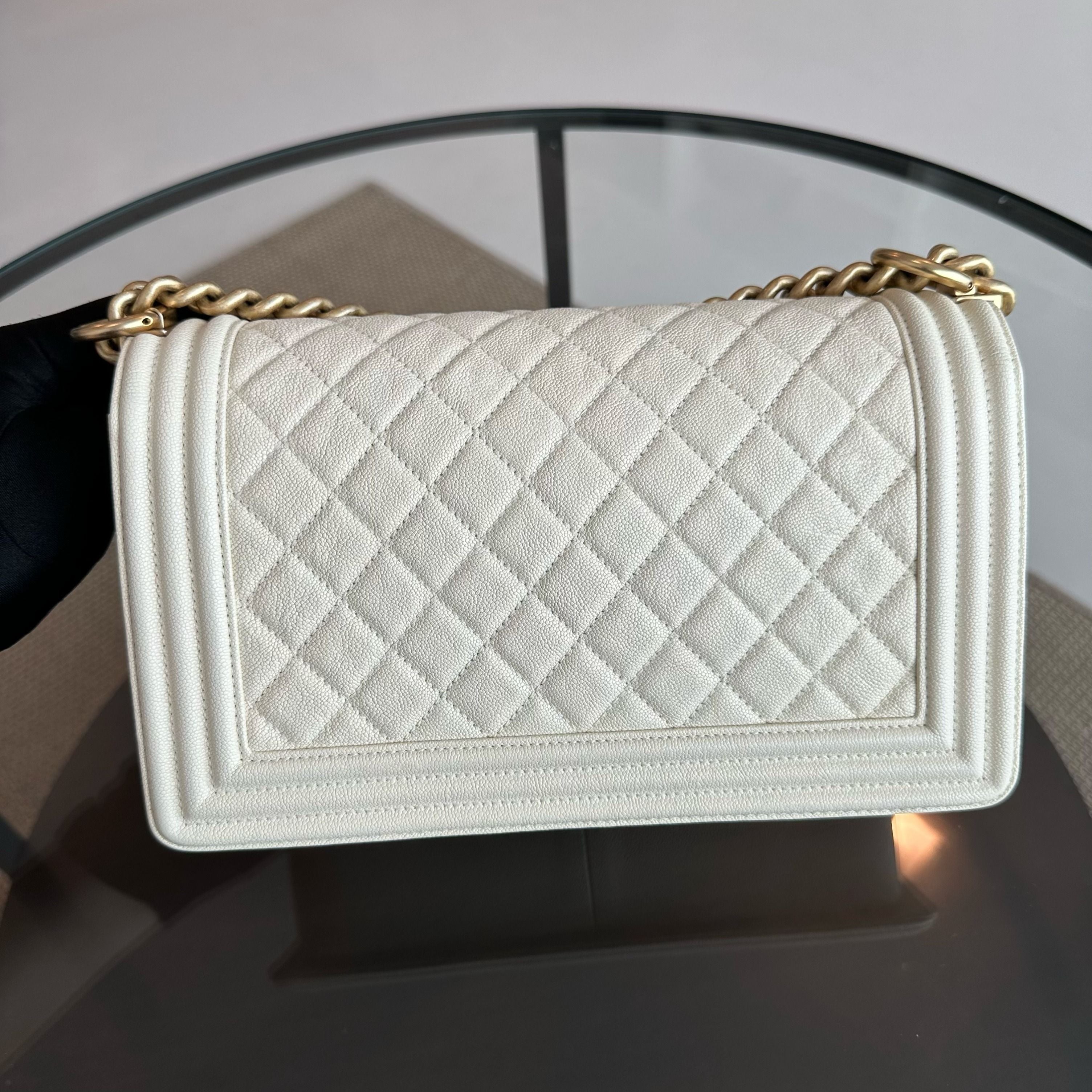 Chanel Caviar Boy Old Medium 25CM Quilted Leboy White GHW No 27 - Luxury Evermore