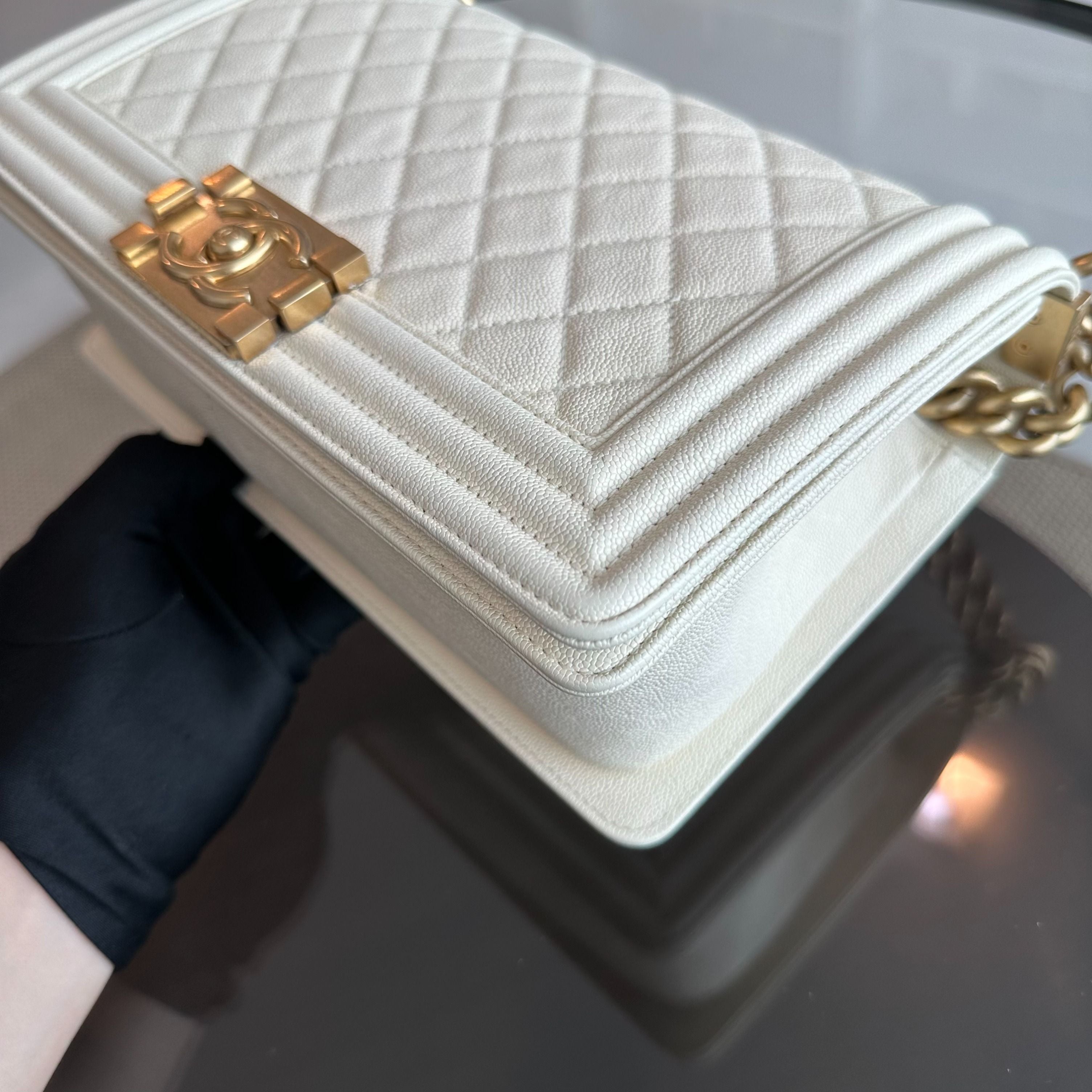 Chanel Caviar Boy Old Medium 25CM Quilted Leboy White GHW No 27 - Luxury Evermore