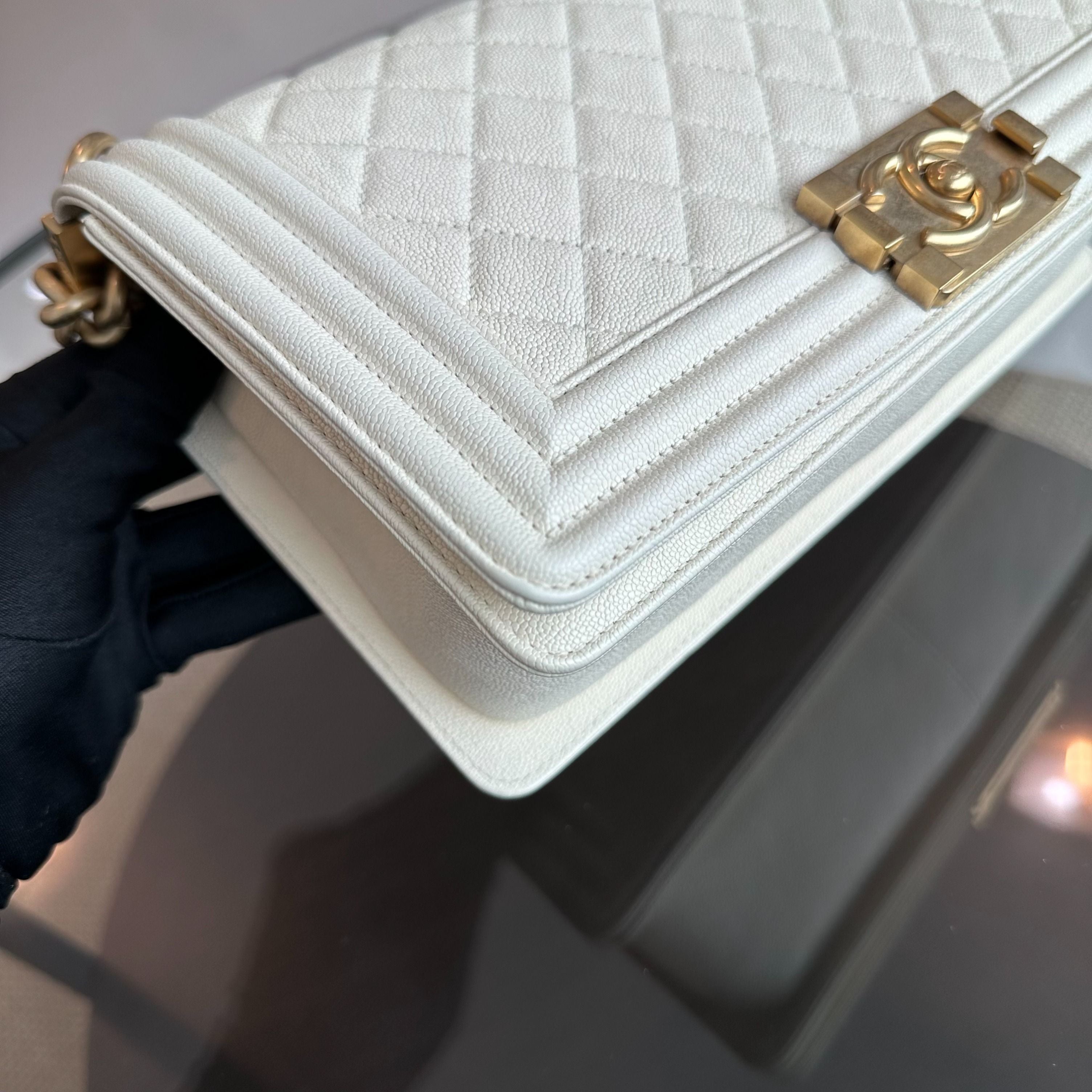 Chanel Caviar Boy Old Medium 25CM Quilted Leboy White GHW No 27 - Luxury Evermore