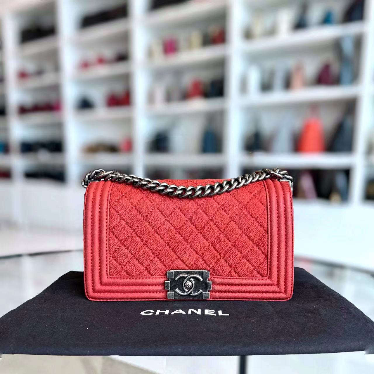 Chanel Caviar Boy Old Medium 25CM Quilted Suede Calfskin Red Leboy Silver Hardware Series 18 - Luxury Evermore