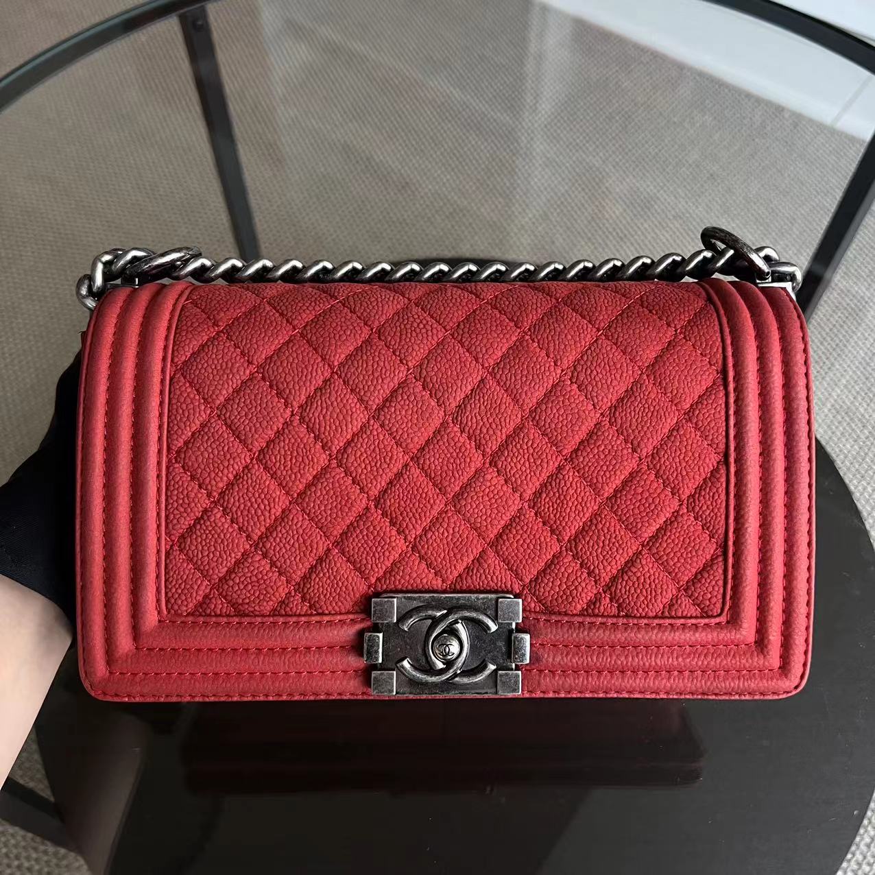 Chanel Caviar Boy Old Medium 25CM Quilted Suede Calfskin Red Leboy Silver Hardware Series 18 - Luxury Evermore