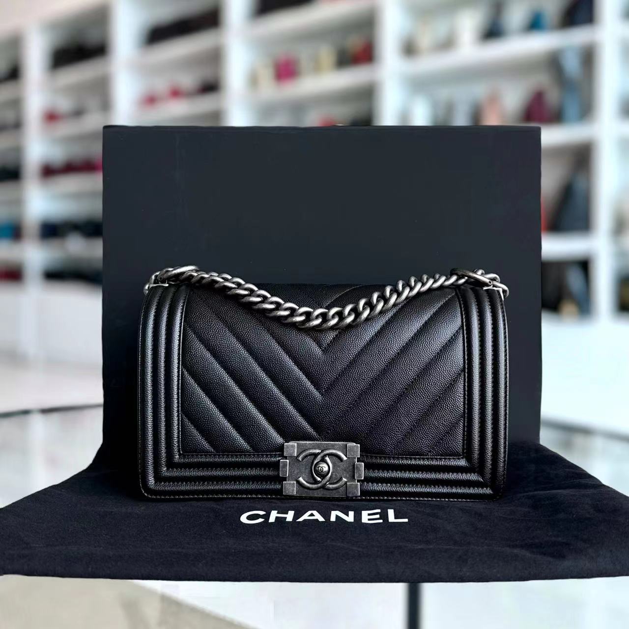 Chanel Caviar Boy Old Medium Chevron Grained Calfskin Black Silver Hardware Series 25 - Luxury Evermore