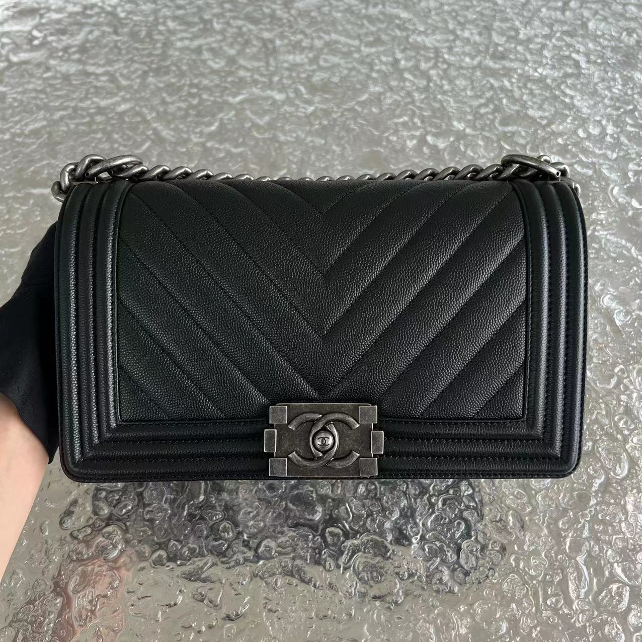 Chanel Caviar Boy Old Medium Chevron Grained Calfskin Black Silver Hardware Series 25 - Luxury Evermore