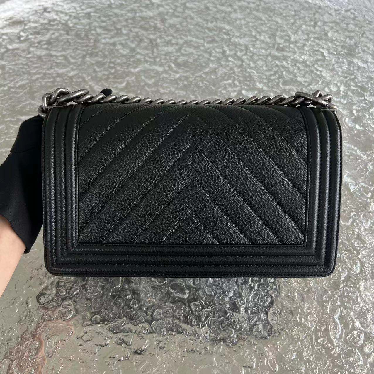 Chanel Caviar Boy Old Medium Chevron Grained Calfskin Black Silver Hardware Series 25 - Luxury Evermore