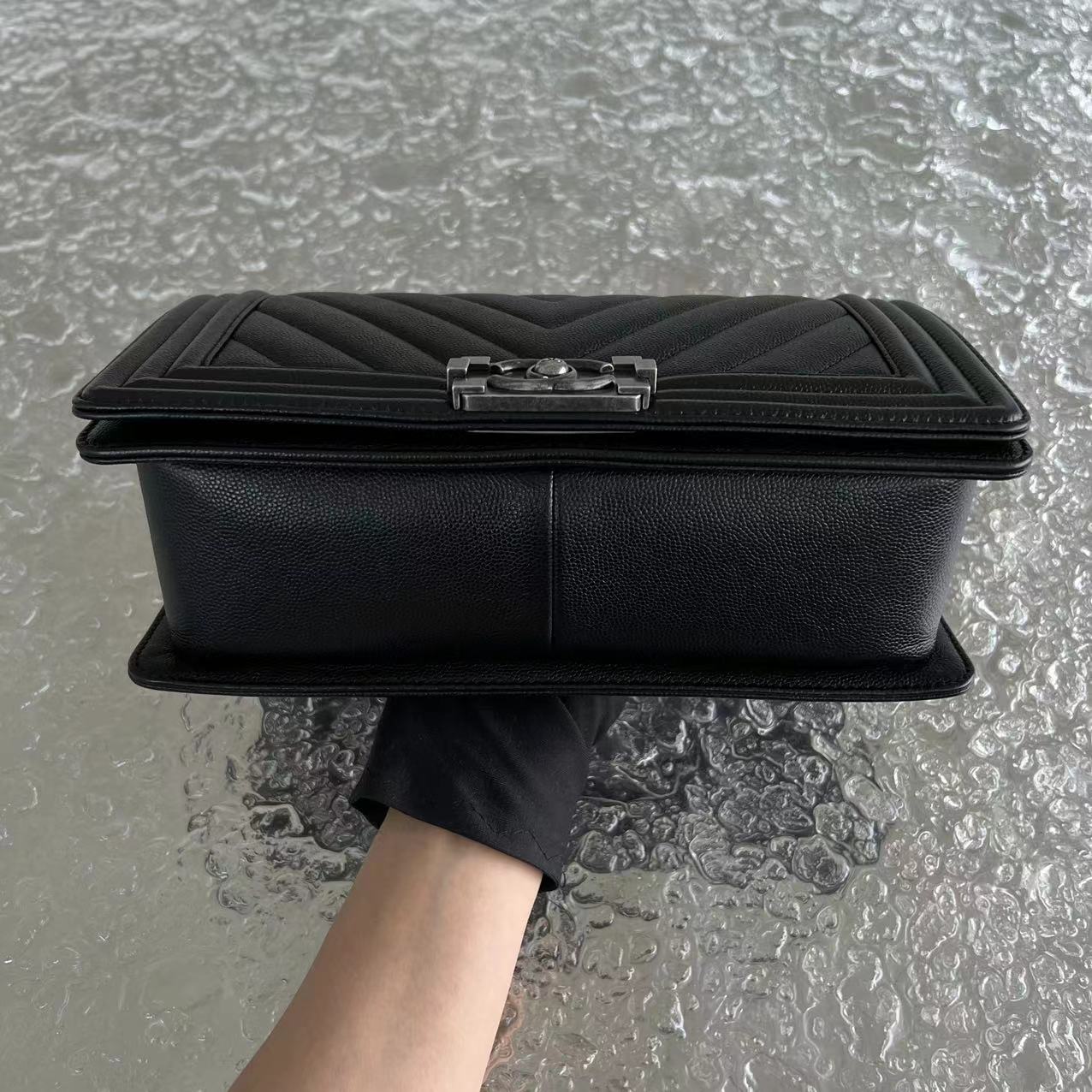 Chanel Caviar Boy Old Medium Chevron Grained Calfskin Black Silver Hardware Series 25 - Luxury Evermore