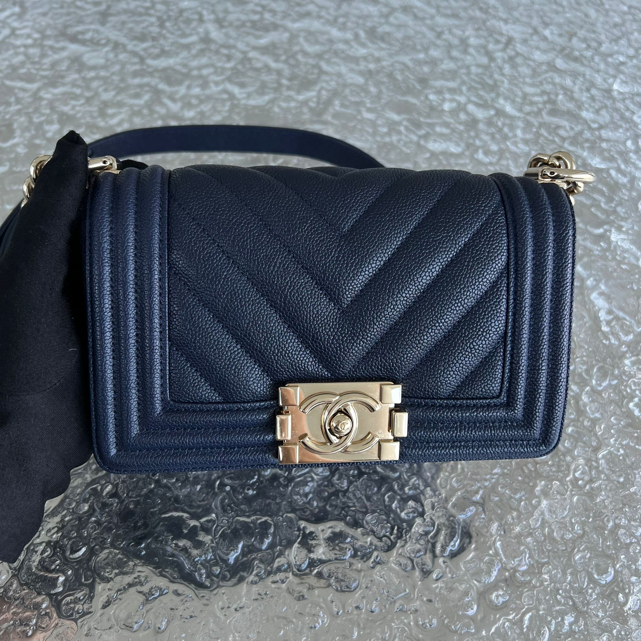 Chanel Caviar Boy Small 20CM Chevron Grained Calfskin Dark Blue No 24 - Luxury Evermore