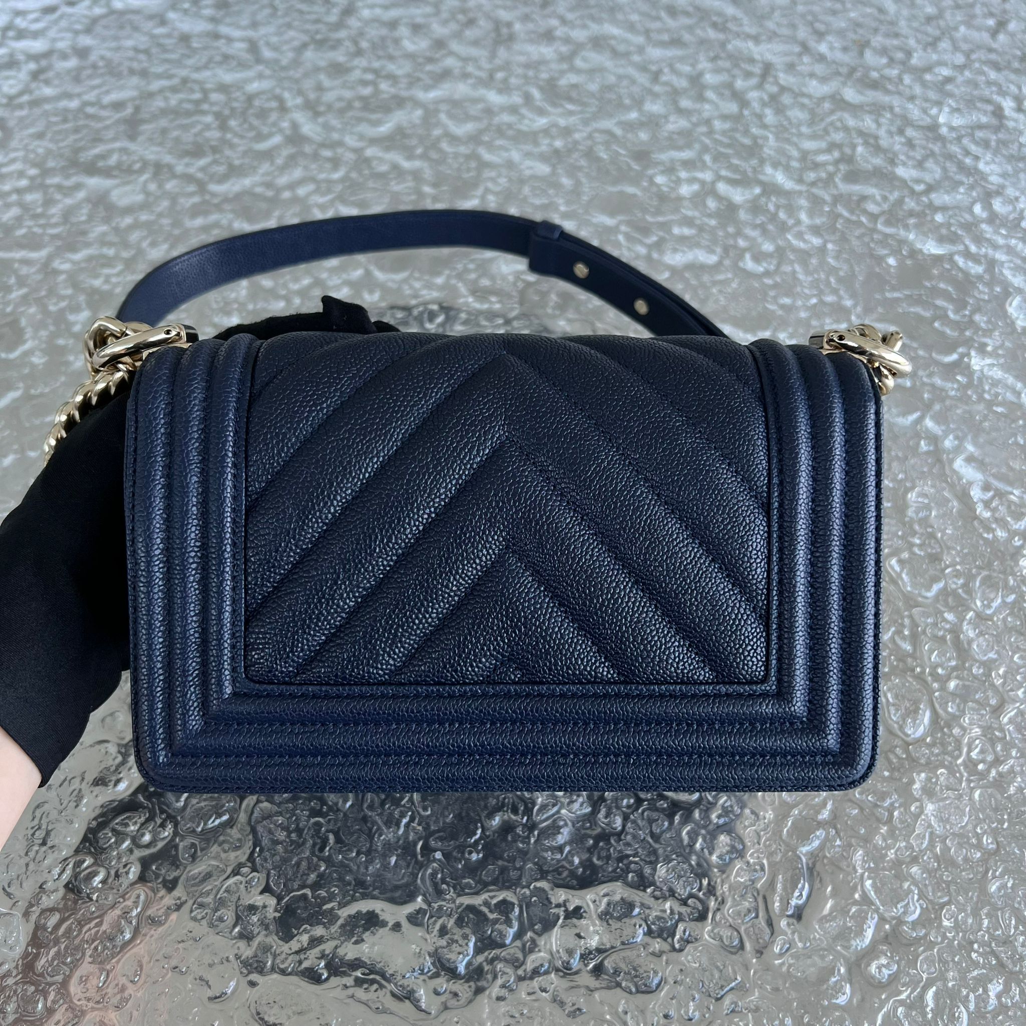 Chanel Caviar Boy Small 20CM Chevron Grained Calfskin Dark Blue No 24 - Luxury Evermore