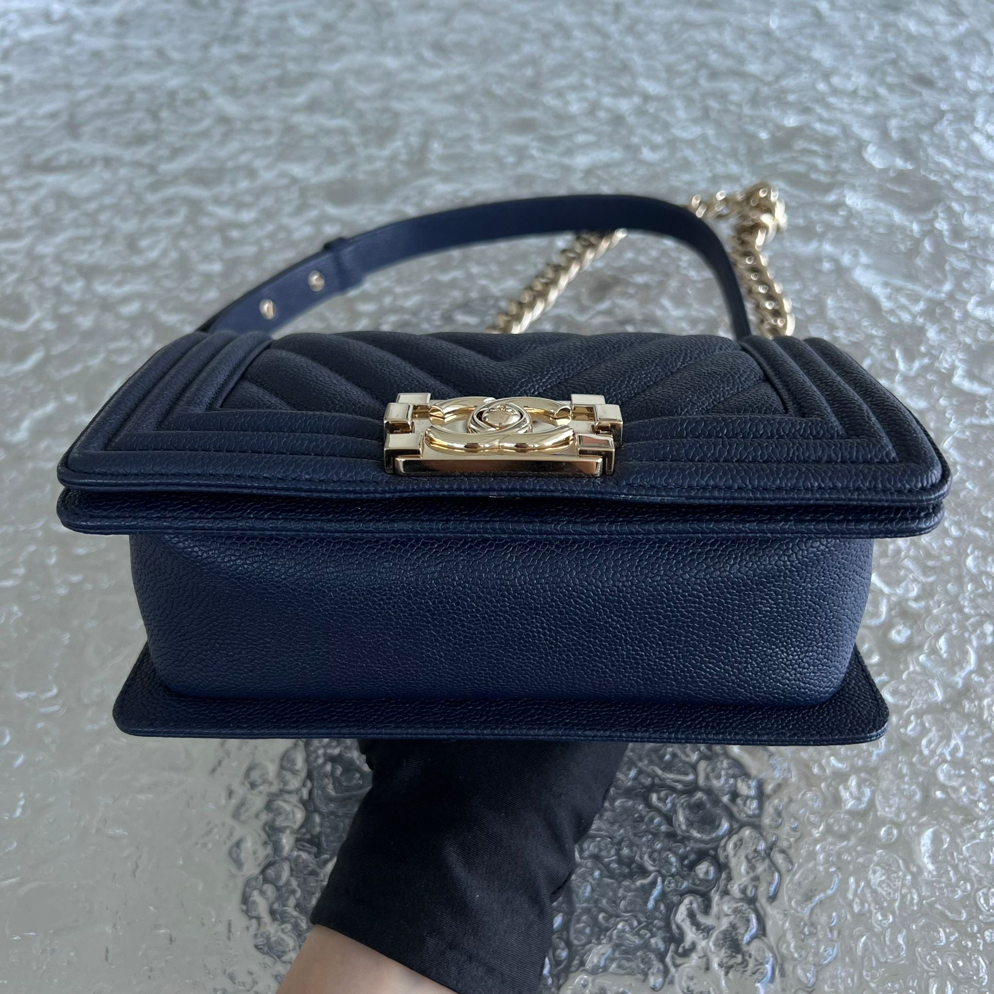 Chanel Caviar Boy Small 20CM Chevron Grained Calfskin Dark Blue No 24 - Luxury Evermore