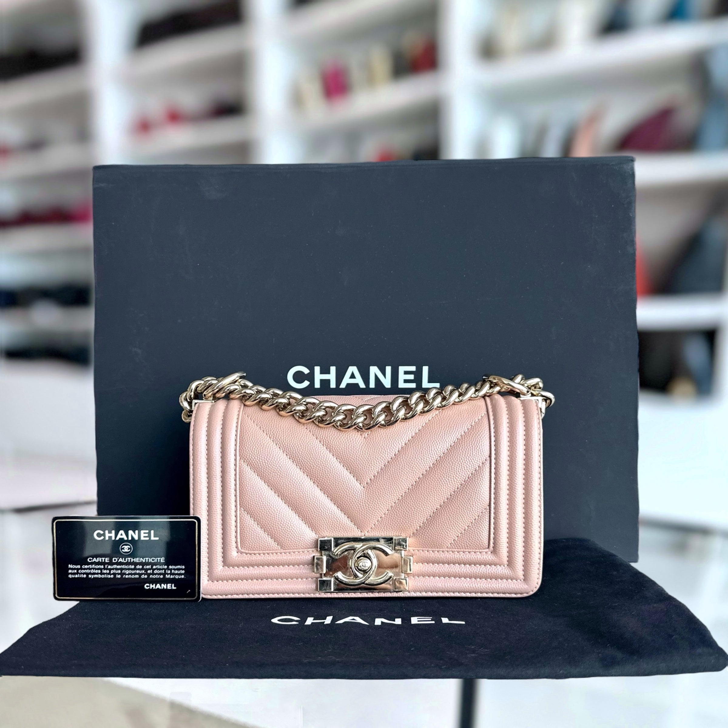 Chanel Caviar Boy Small 20CM Chevron Pink Nude Grained Calfskin Gold Hardware Series 25 - Luxury Evermore