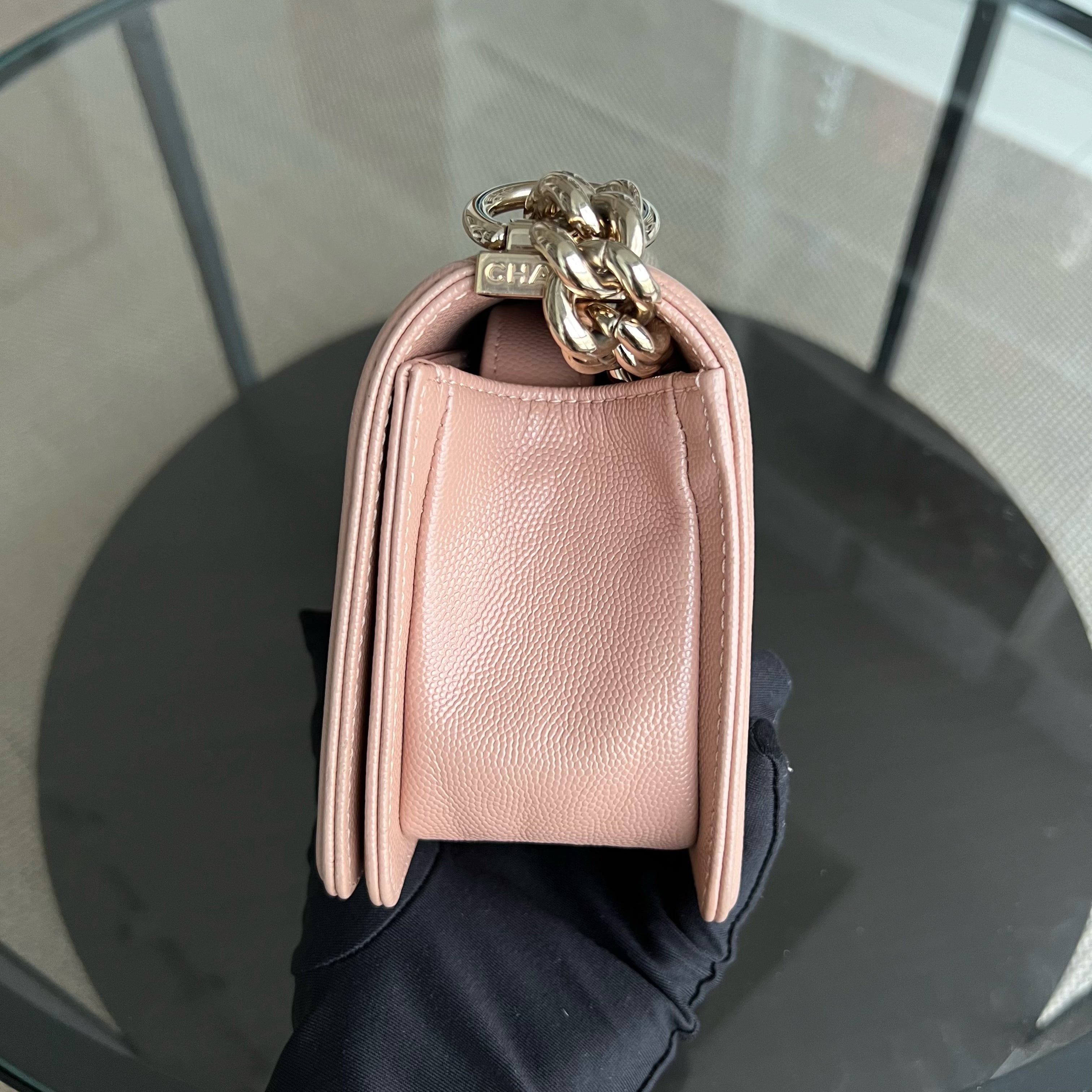 Chanel Caviar Boy Small 20CM Chevron Pink Nude Grained Calfskin Gold Hardware Series 25 - Luxury Evermore