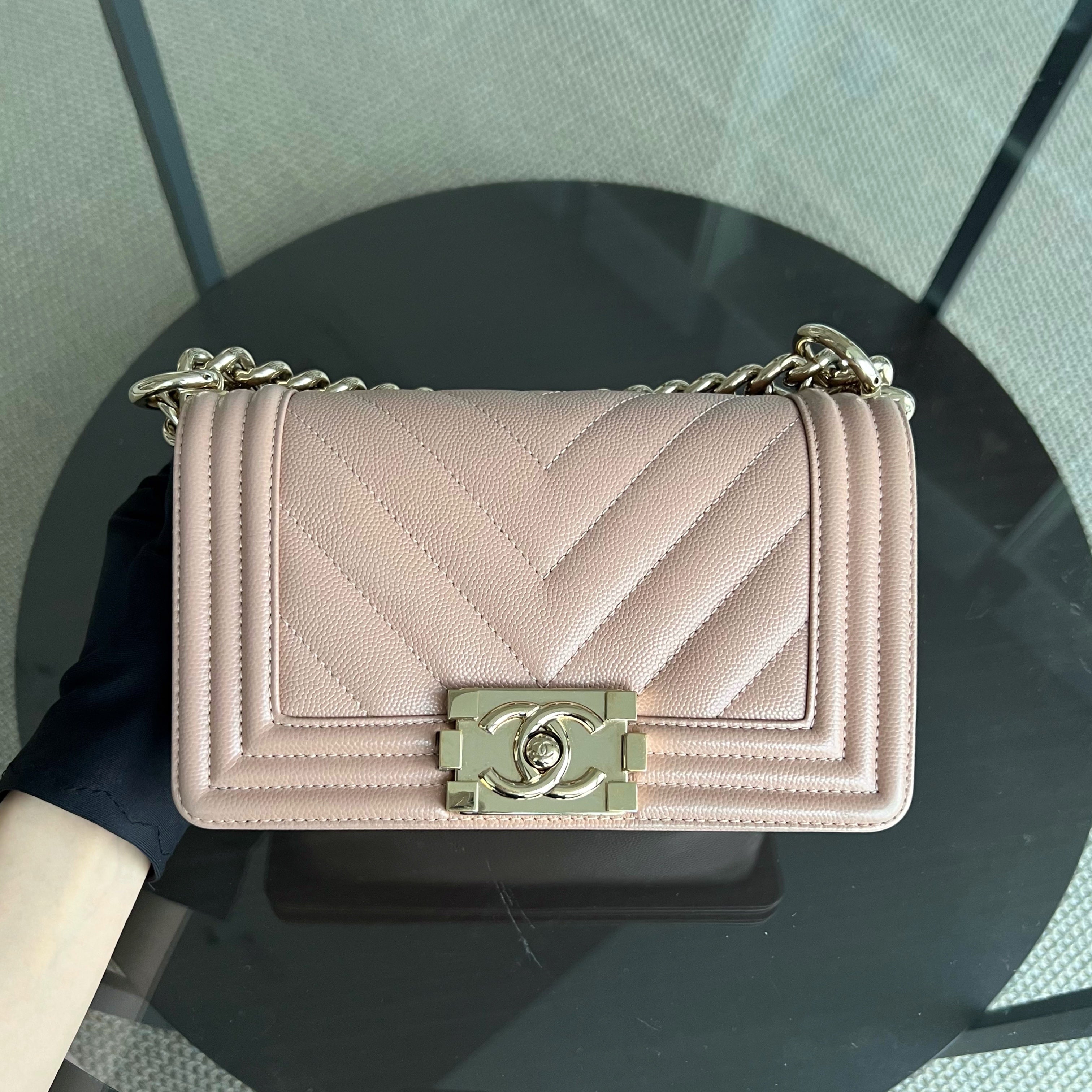 Chanel Caviar Boy Small 20CM Chevron Pink Nude Grained Calfskin Gold Hardware Series 25 - Luxury Evermore