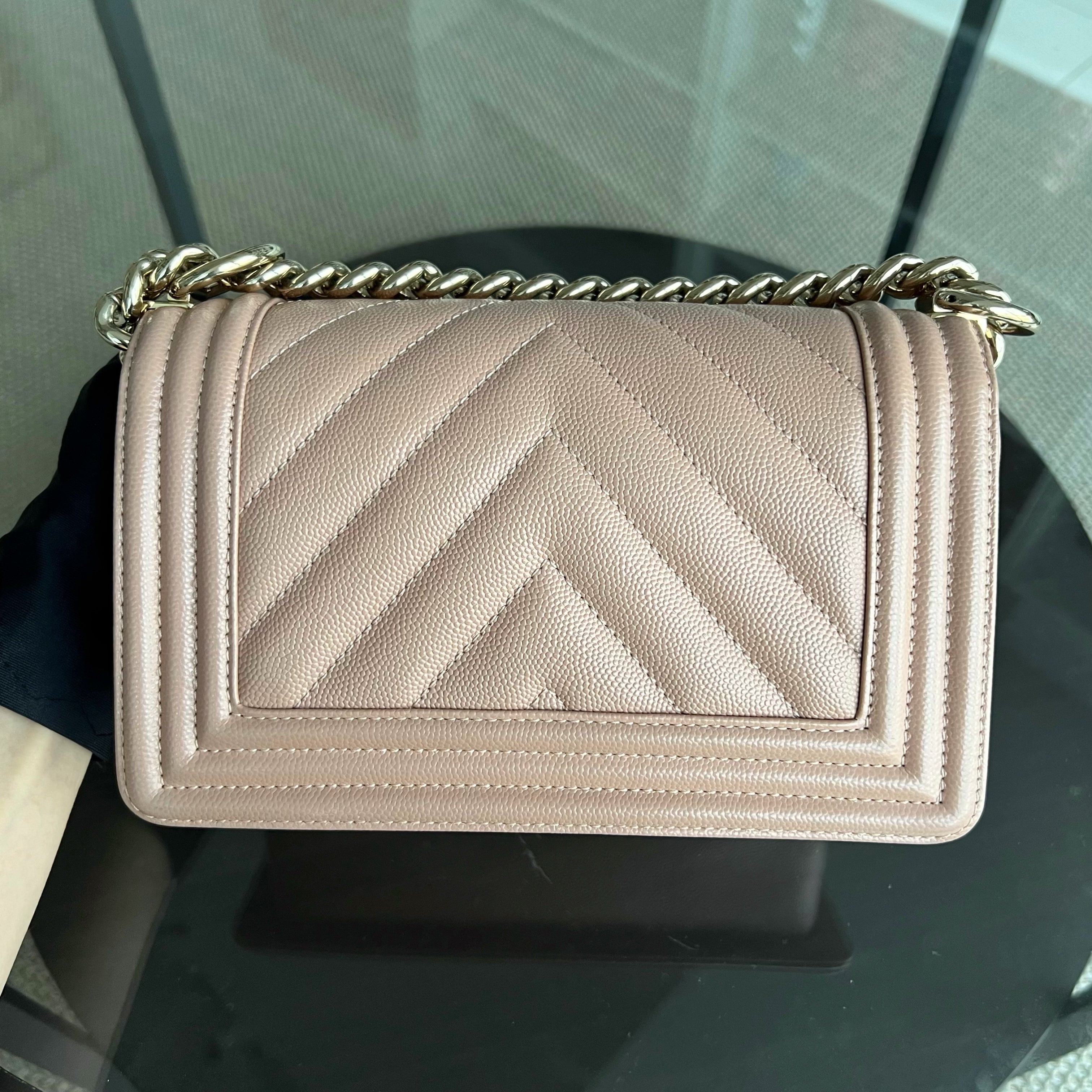 Chanel Caviar Boy Small 20CM Chevron Pink Nude Grained Calfskin Gold Hardware Series 25 - Luxury Evermore