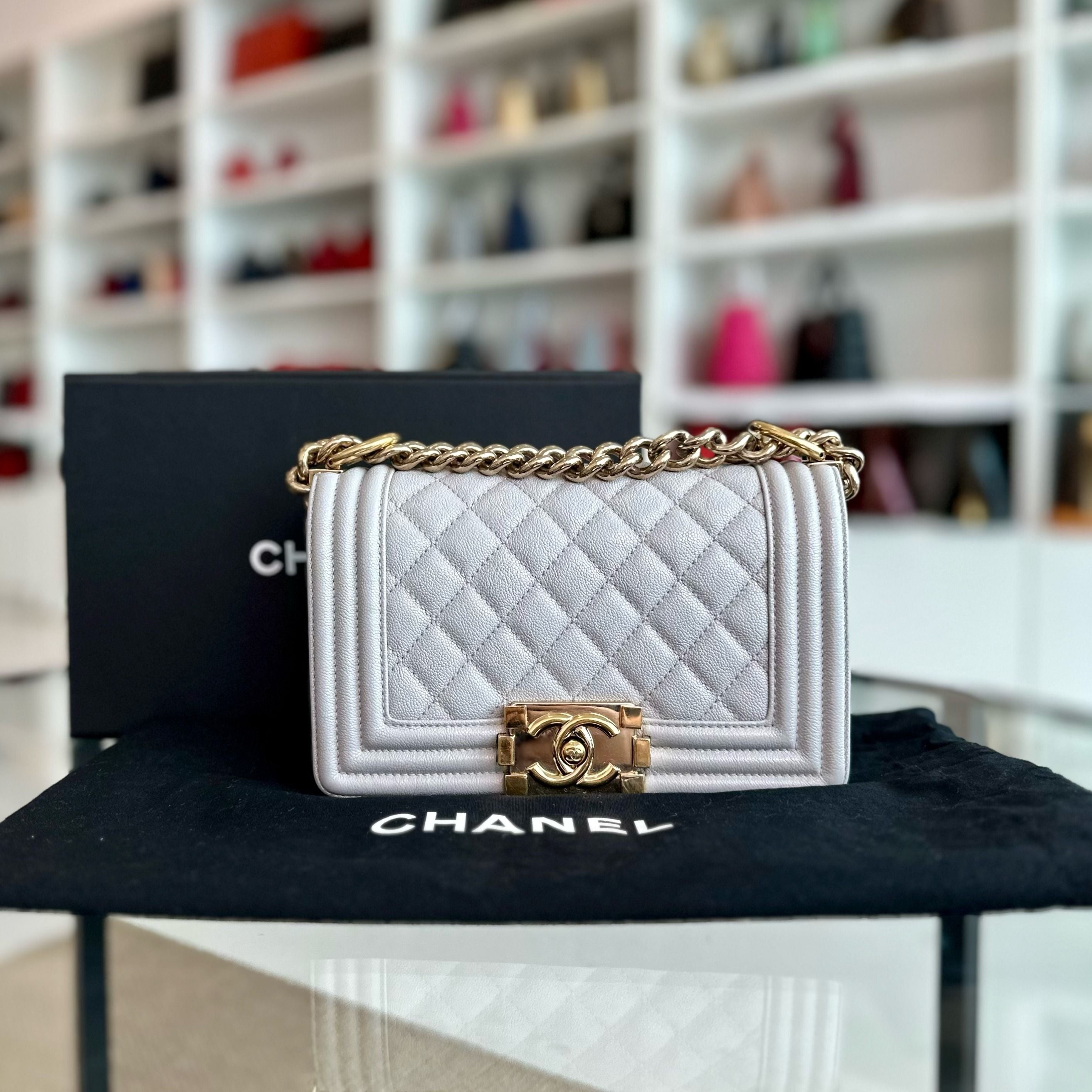 Chanel Caviar Boy Small 20CM Light Grey Leboy GHW No 28 - Luxury Evermore