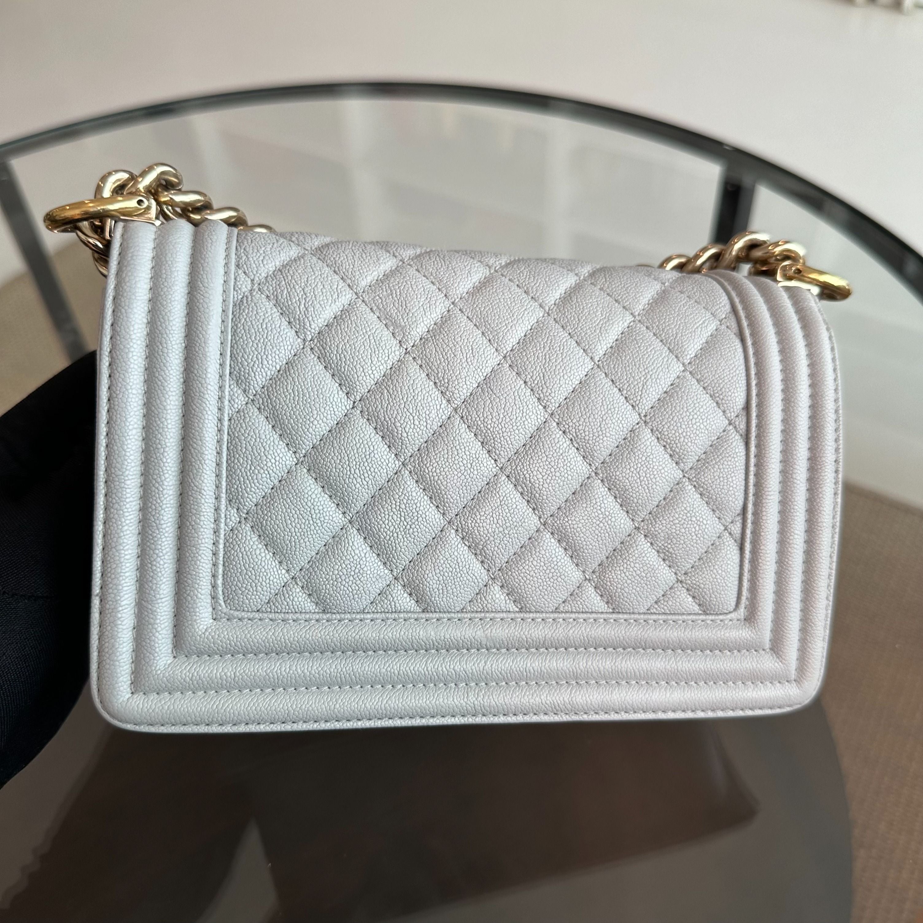 Chanel Caviar Boy Small 20CM Light Grey Leboy GHW No 28 - Luxury Evermore