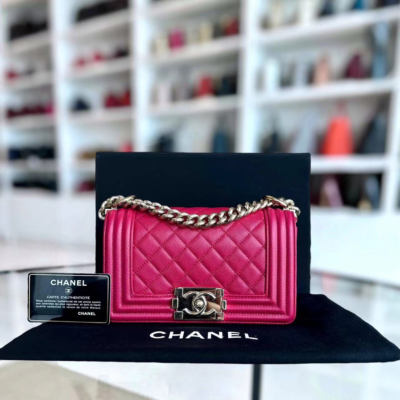 Chanel Caviar Boy Small 20CM Quilted Grained Calfskin Hot Pink Leboy Golden Hardware Series 23 - Luxury Evermore