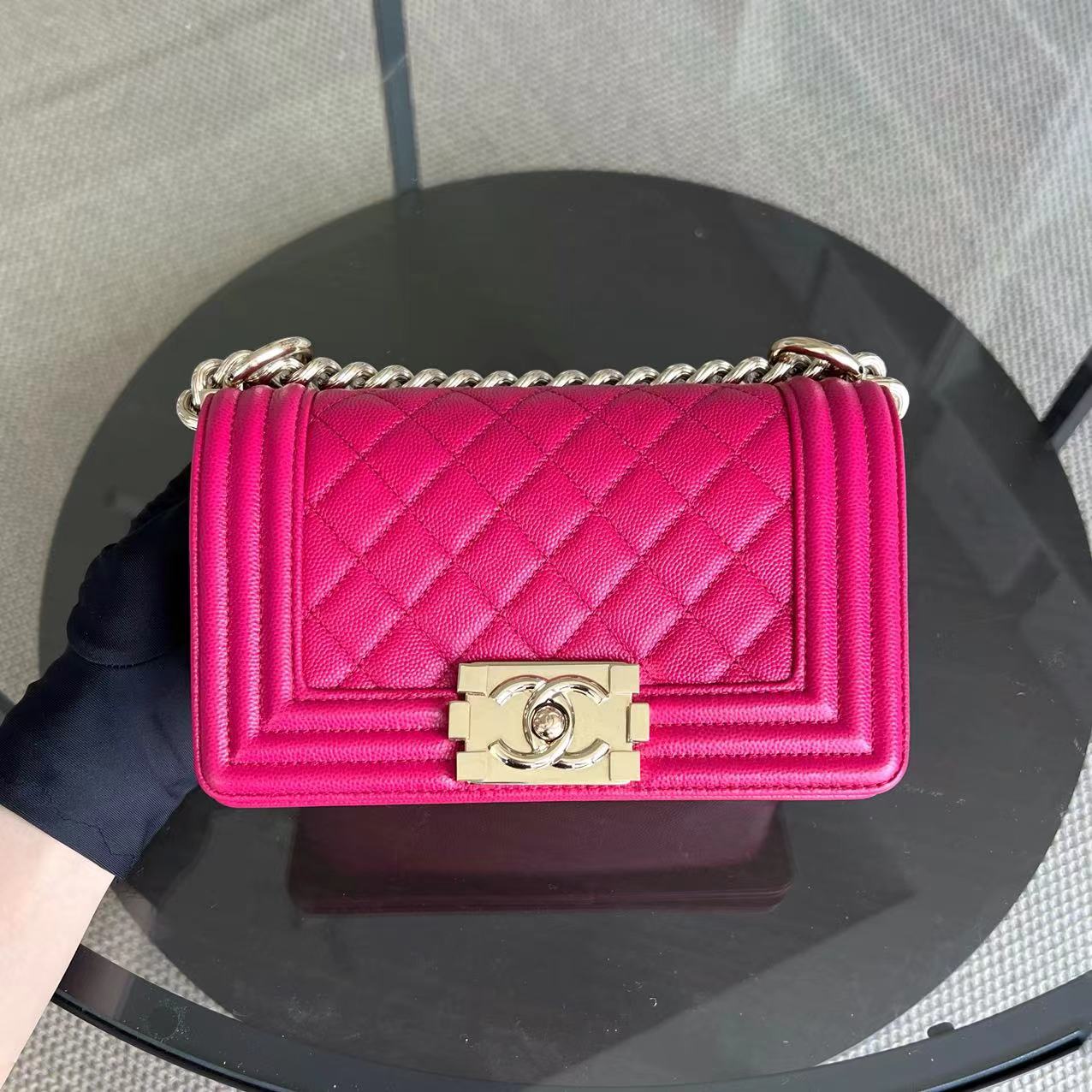 Chanel Caviar Boy Small 20CM Quilted Grained Calfskin Hot Pink Leboy Golden Hardware Series 23 - Luxury Evermore