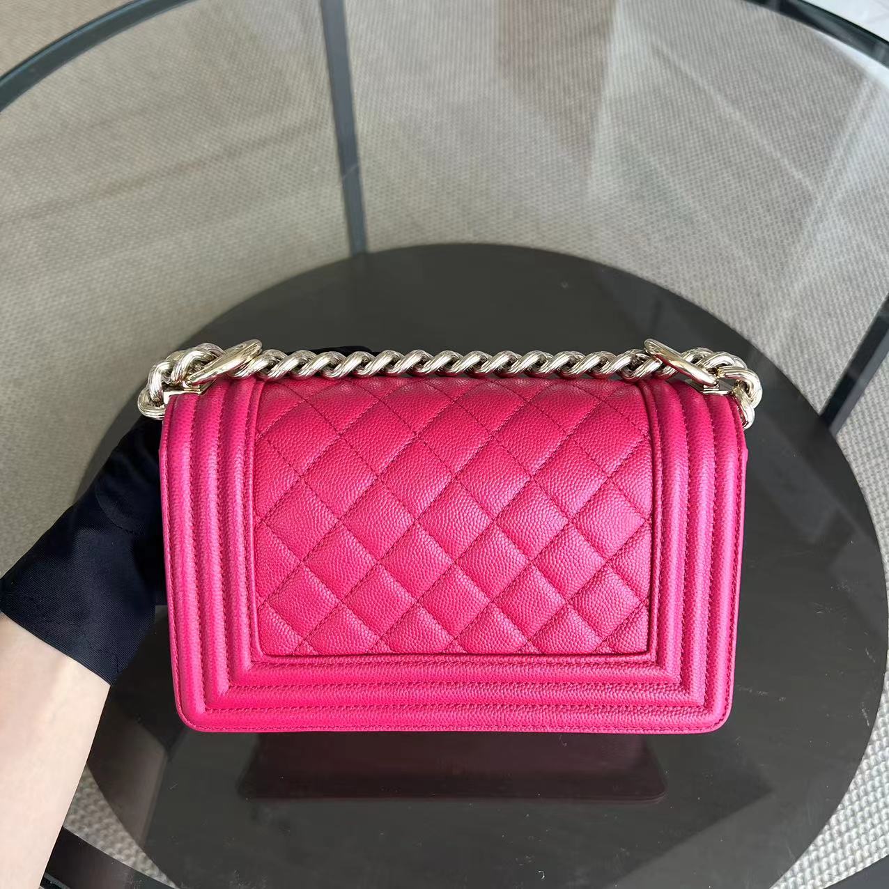 Chanel Caviar Boy Small 20CM Quilted Grained Calfskin Hot Pink Leboy Golden Hardware Series 23 - Luxury Evermore