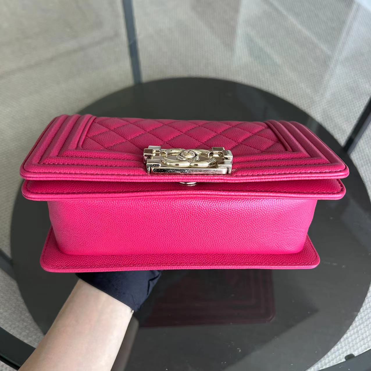 Chanel Caviar Boy Small 20CM Quilted Grained Calfskin Hot Pink Leboy Golden Hardware Series 23 - Luxury Evermore