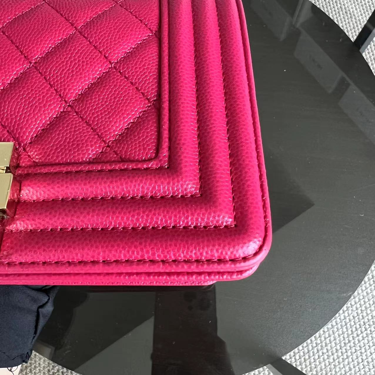 Chanel Caviar Boy Small 20CM Quilted Grained Calfskin Hot Pink Leboy Golden Hardware Series 23 - Luxury Evermore