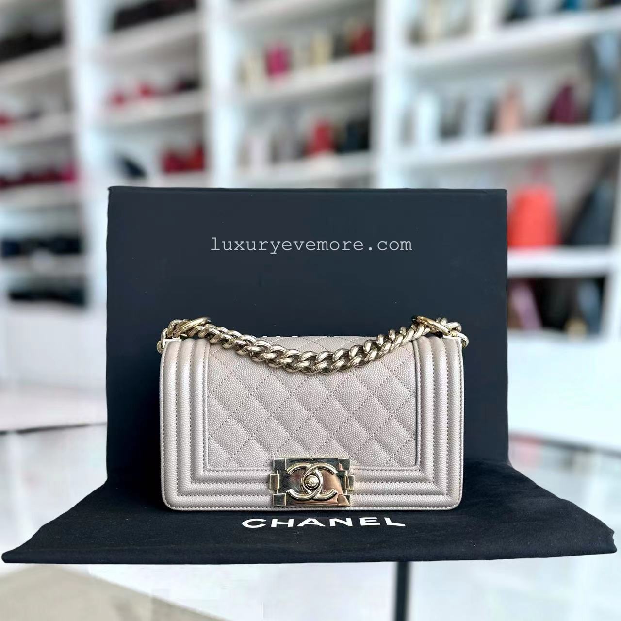 Chanel Caviar Boy Small 20CM Quilted Grained Calfskin Light Grey Gray Golden Hardware Series 23 - Luxury Evermore