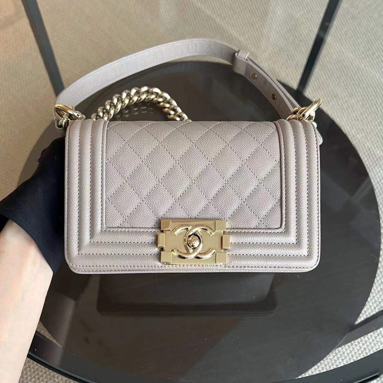 Chanel Caviar Boy Small 20CM Quilted Grained Calfskin Light Grey Gray Golden Hardware Series 23 - Luxury Evermore