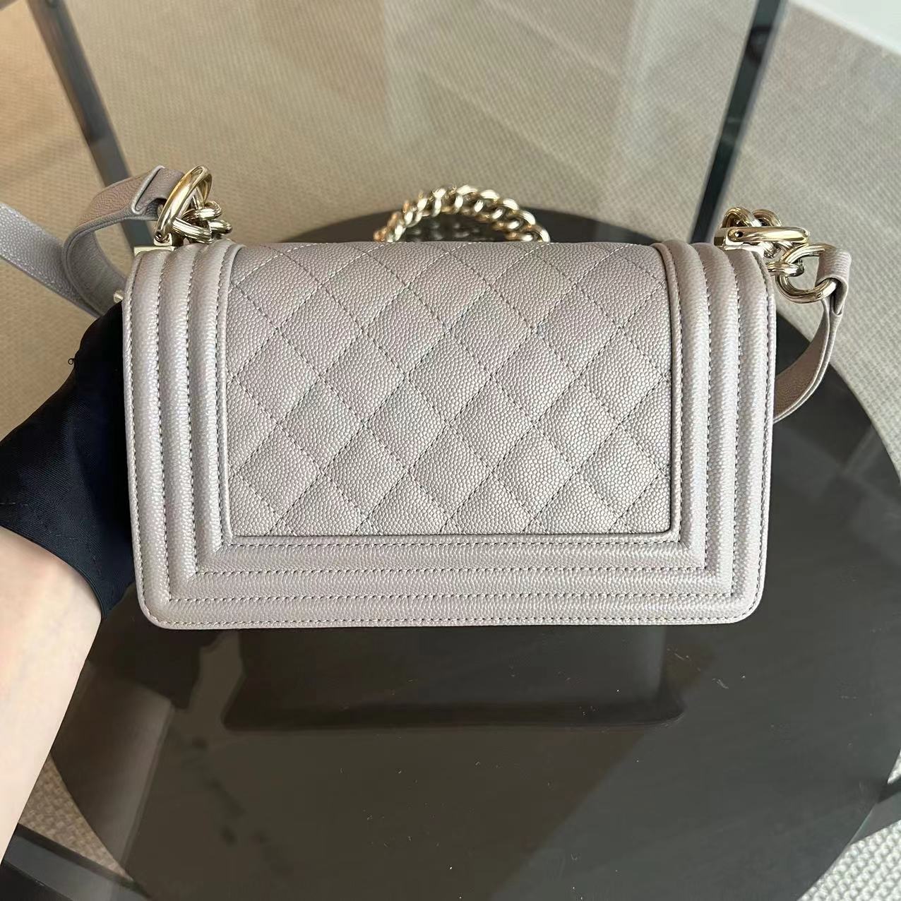 Chanel Caviar Boy Small 20CM Quilted Grained Calfskin Light Grey Gray Golden Hardware Series 23 - Luxury Evermore