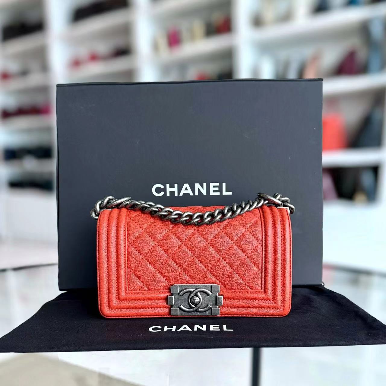 Chanel Caviar Boy Small 20CM Quilted Grained Calfskin Orange Ruthenium Silver Hardware Series 26 - Luxury Evermore