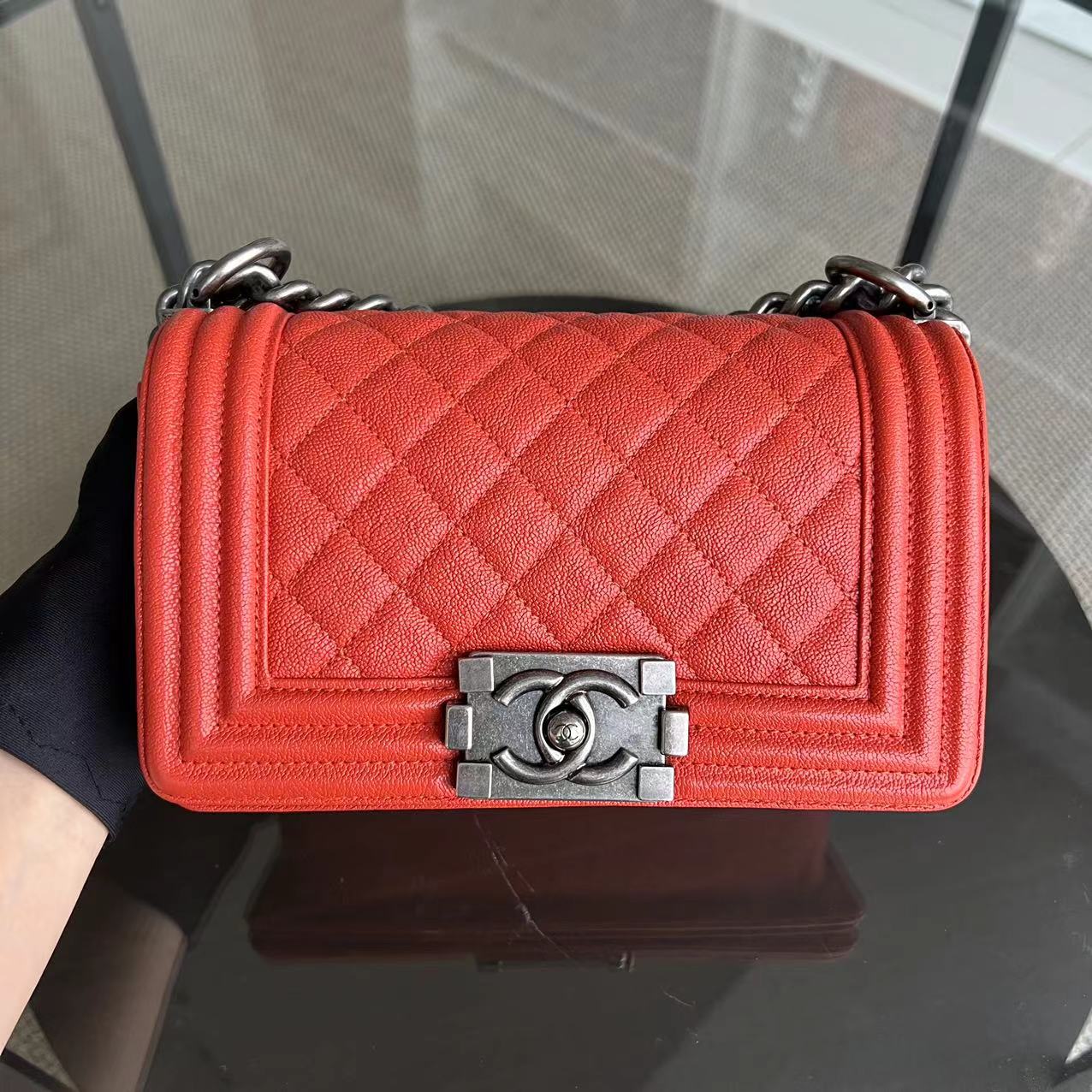 Chanel Caviar Boy Small 20CM Quilted Grained Calfskin Orange Ruthenium Silver Hardware Series 26 - Luxury Evermore