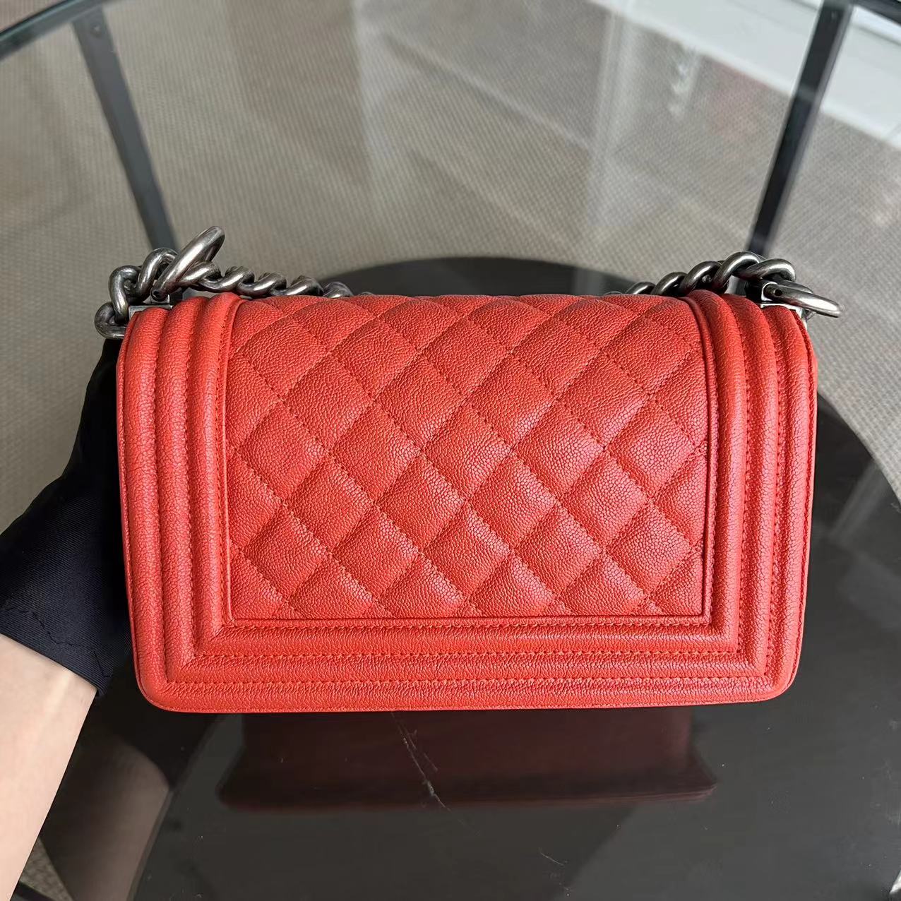 Chanel Caviar Boy Small 20CM Quilted Grained Calfskin Orange Ruthenium Silver Hardware Series 26 - Luxury Evermore