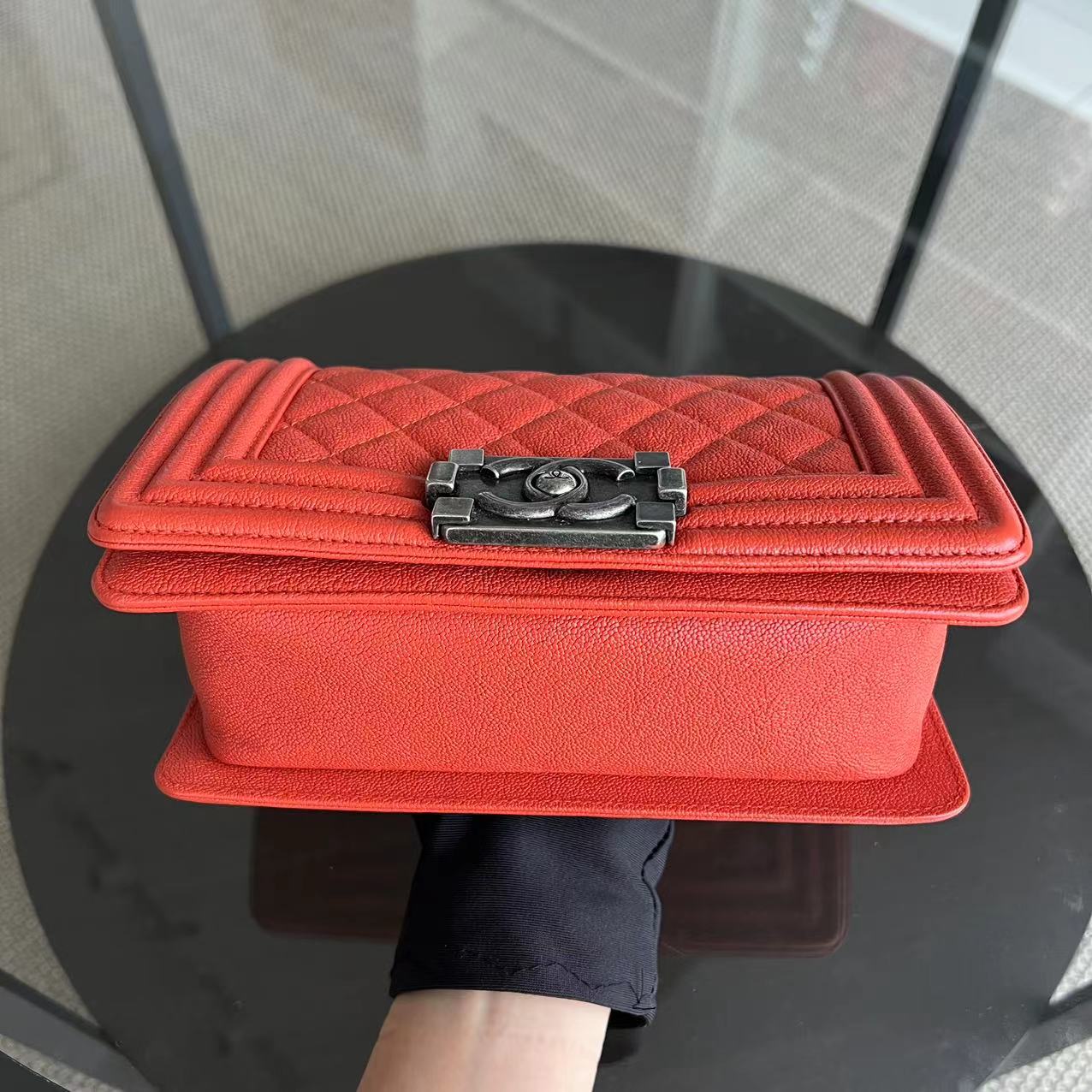 Chanel Caviar Boy Small 20CM Quilted Grained Calfskin Orange Ruthenium Silver Hardware Series 26 - Luxury Evermore