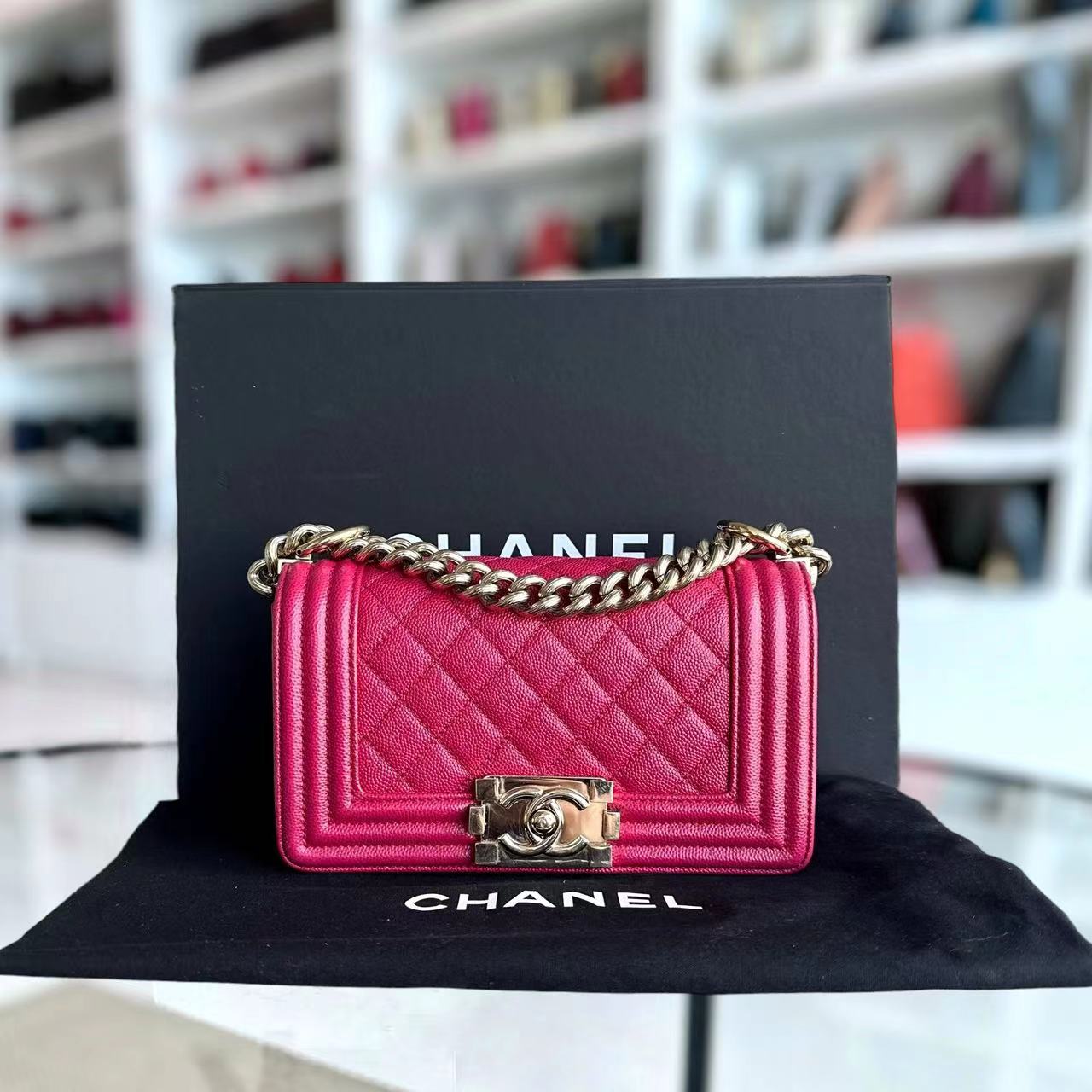 Chanel Caviar Boy Small Quilted Grained Calfskin Hot Pink Golden Hardware - Luxury Evermore