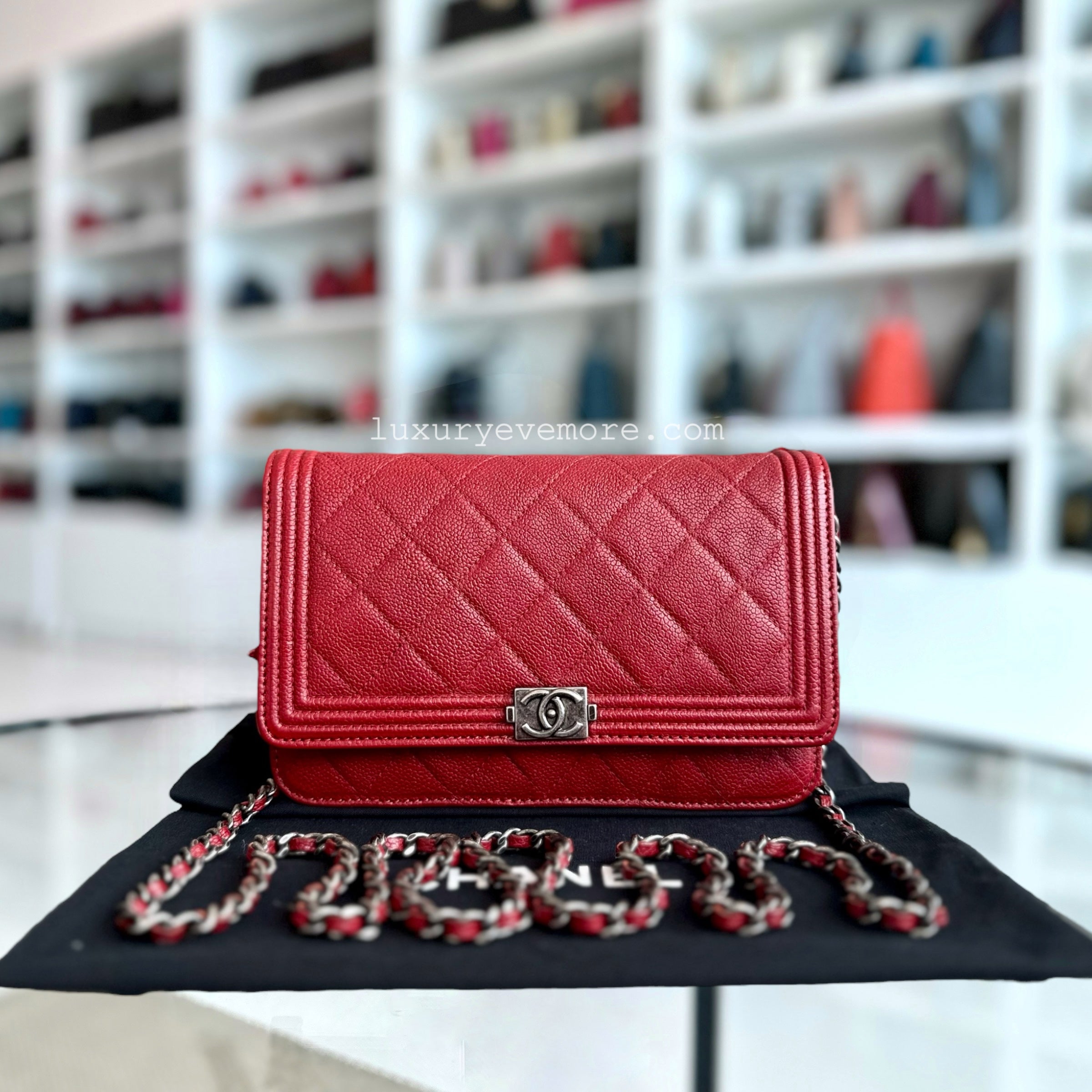 Chanel Caviar Boy WOC Wallet On Chain Red Silver Hardware Series 22 - Luxury Evermore