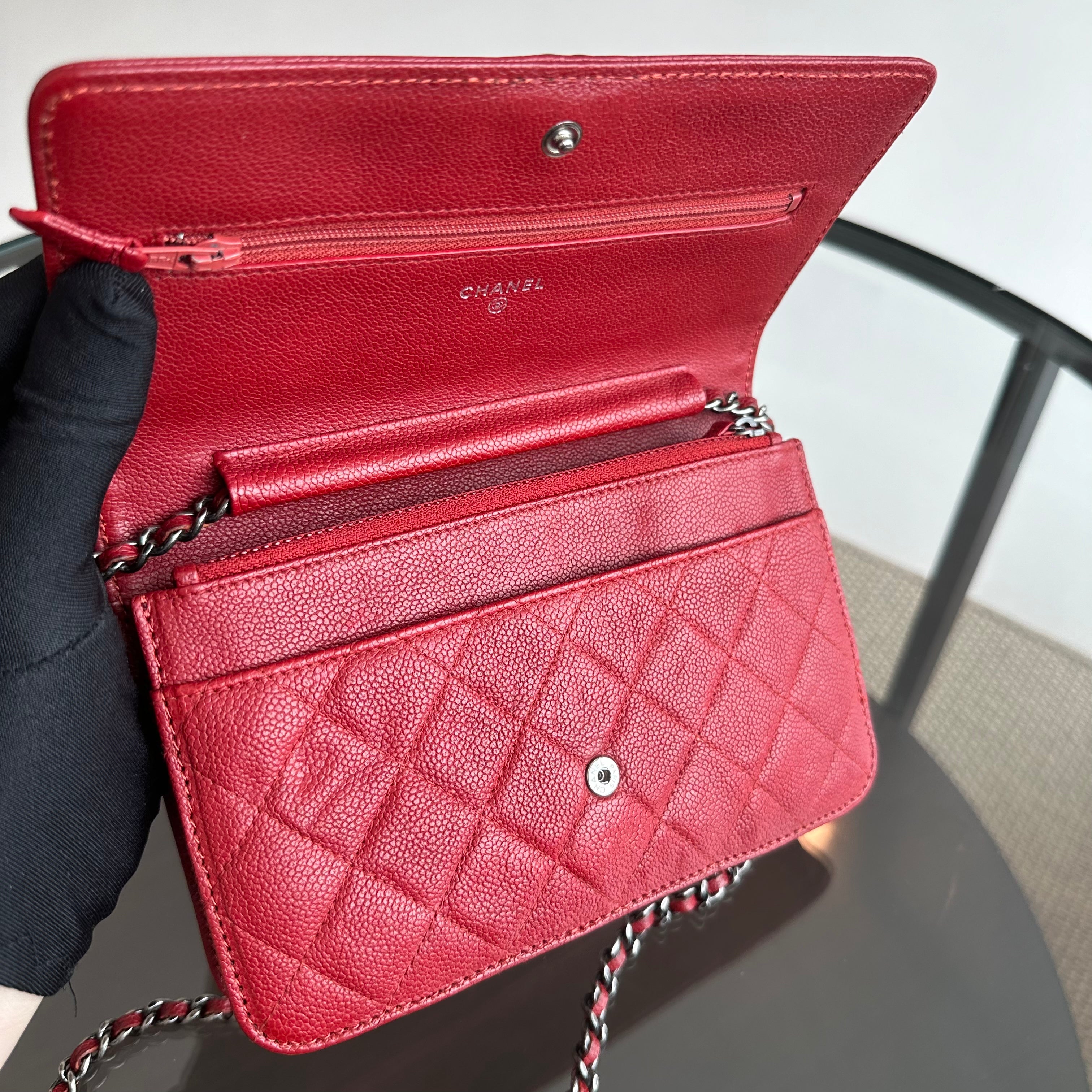 Chanel Caviar Boy WOC Wallet On Chain Red Silver Hardware Series 22 - Luxury Evermore