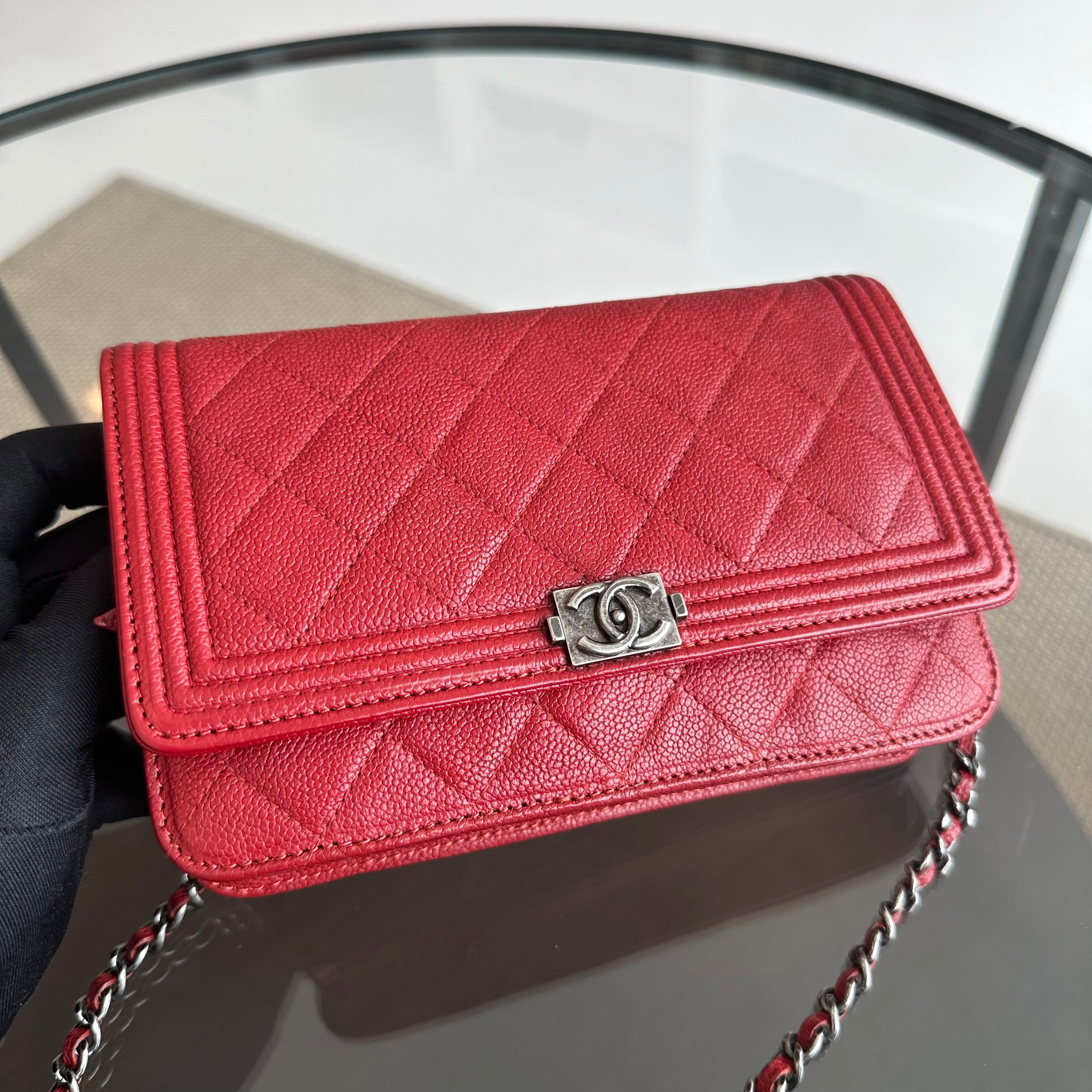 Chanel Caviar Boy WOC Wallet On Chain Red Silver Hardware Series 22 - Luxury Evermore