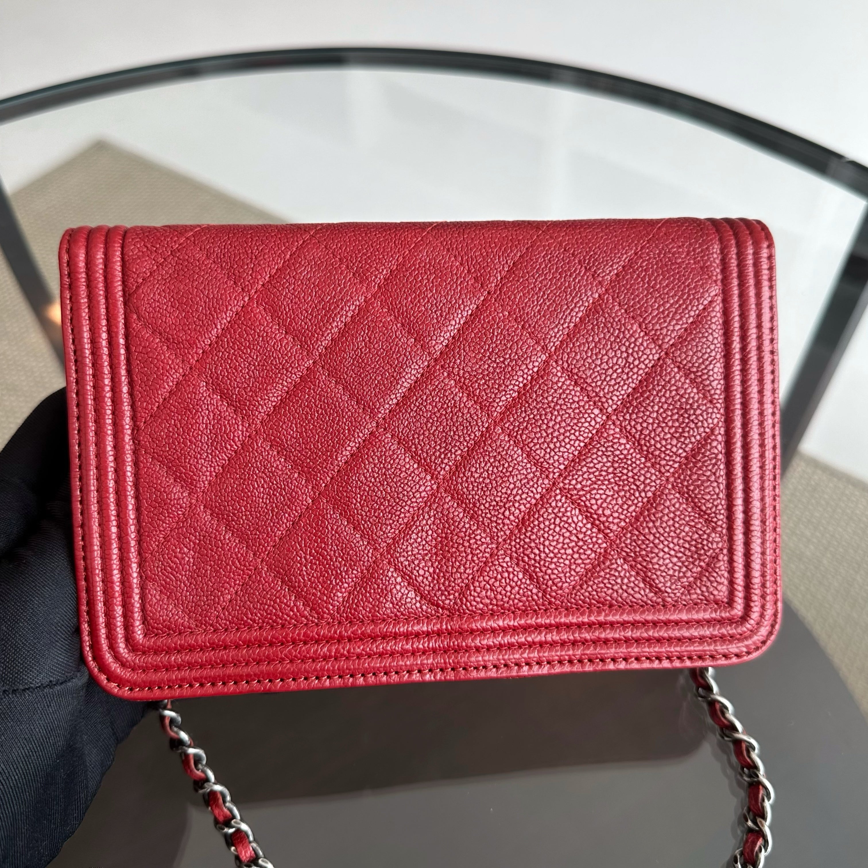 Chanel Caviar Boy WOC Wallet On Chain Red Silver Hardware Series 22 - Luxury Evermore