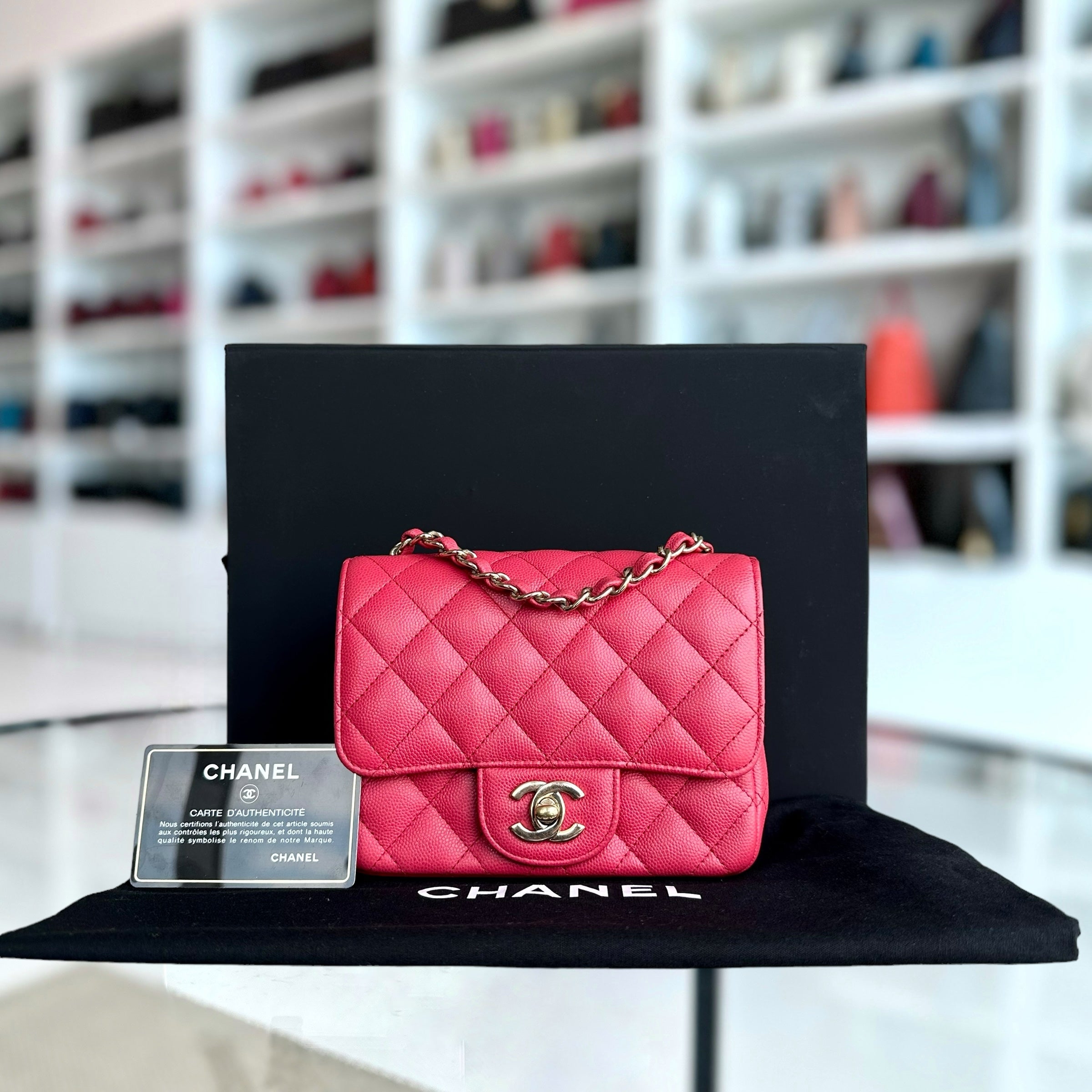 Chanel Caviar Classic Flap Mini Square Quilted Grained Calfskin Red Hot Pink Golden Hardware Series 23 - Luxury Evermore