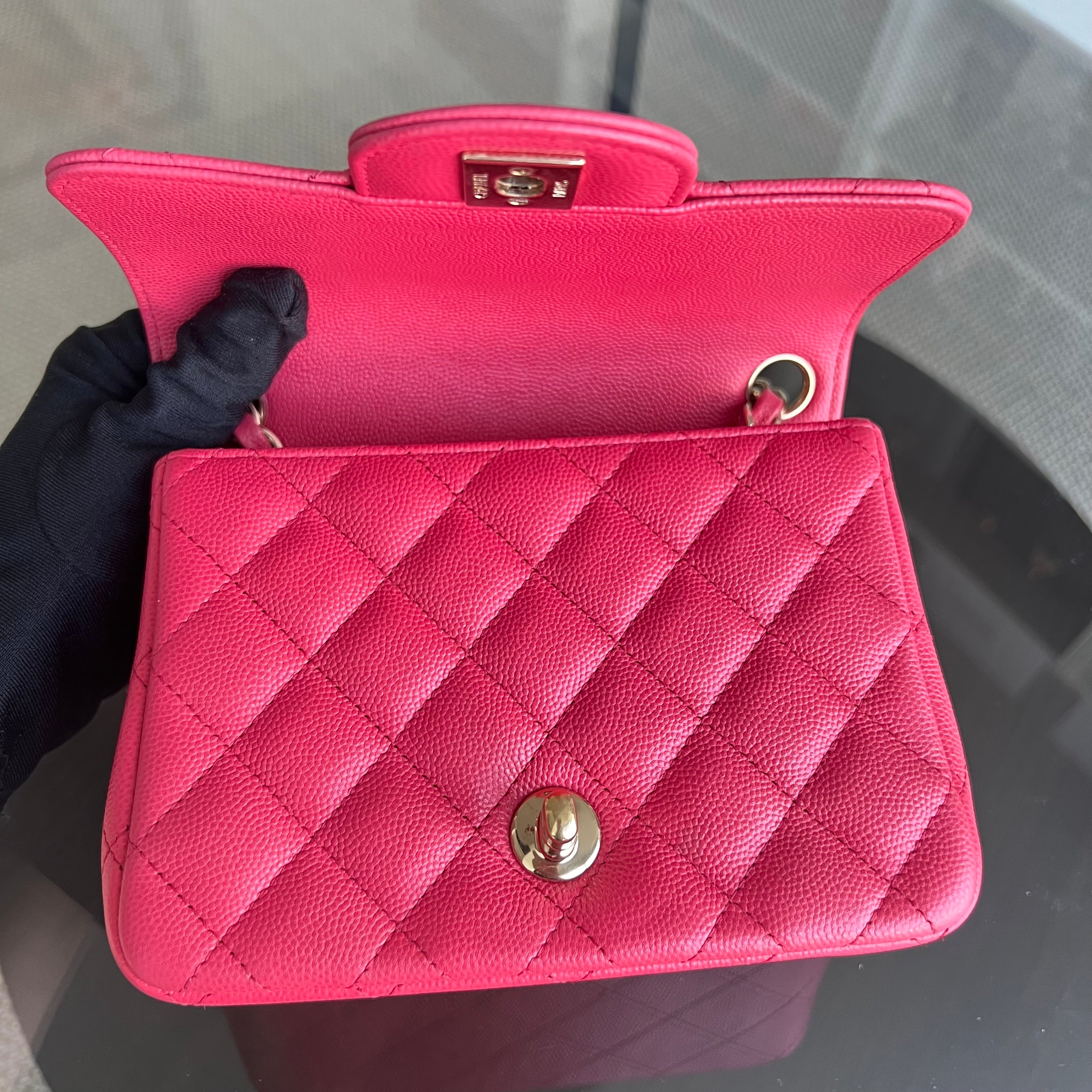 Chanel Caviar Classic Flap Mini Square Quilted Grained Calfskin Red Hot Pink Golden Hardware Series 23 - Luxury Evermore