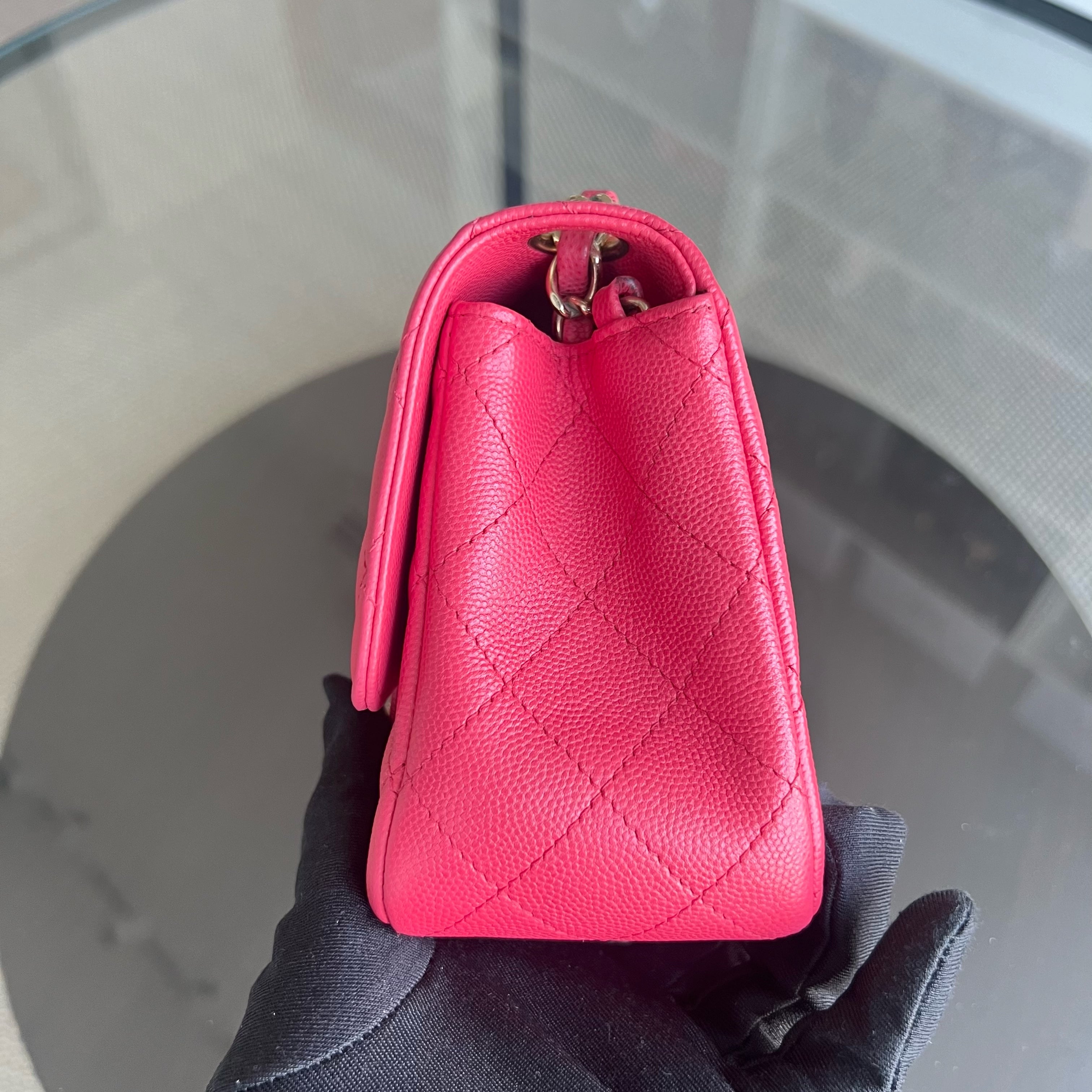 Chanel Caviar Classic Flap Mini Square Quilted Grained Calfskin Red Hot Pink Golden Hardware Series 23 - Luxury Evermore