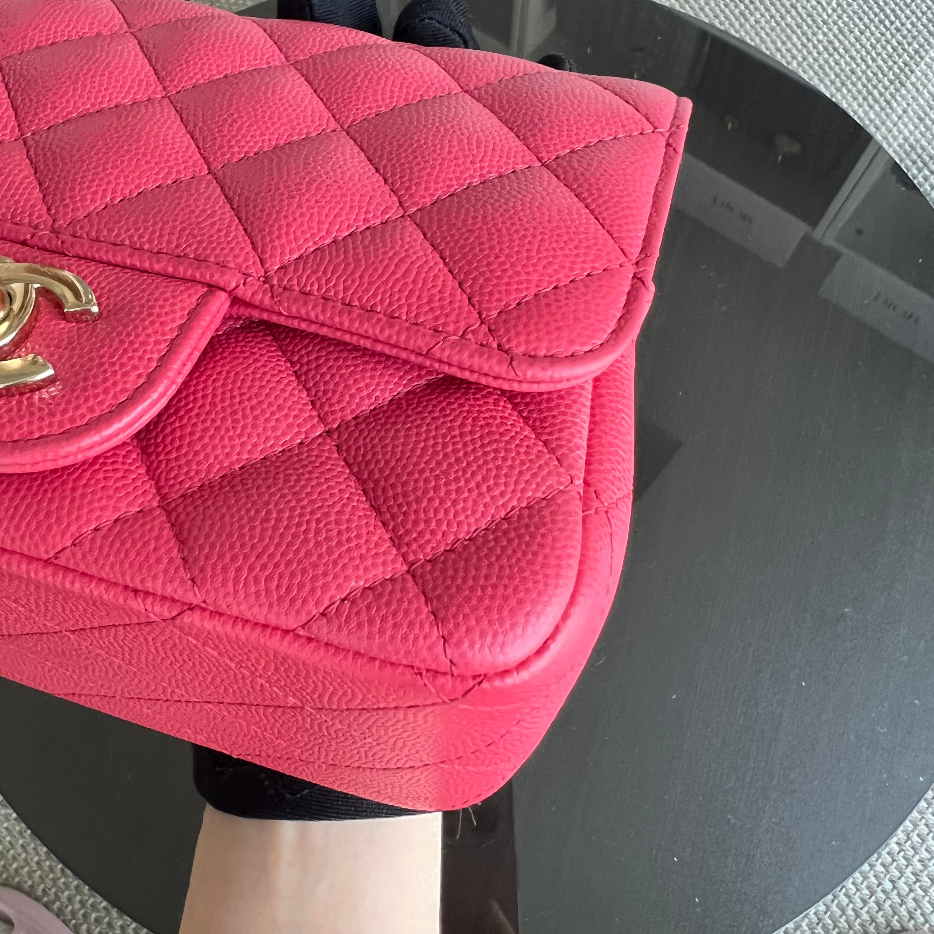 Chanel Caviar Classic Flap Mini Square Quilted Grained Calfskin Red Hot Pink Golden Hardware Series 23 - Luxury Evermore