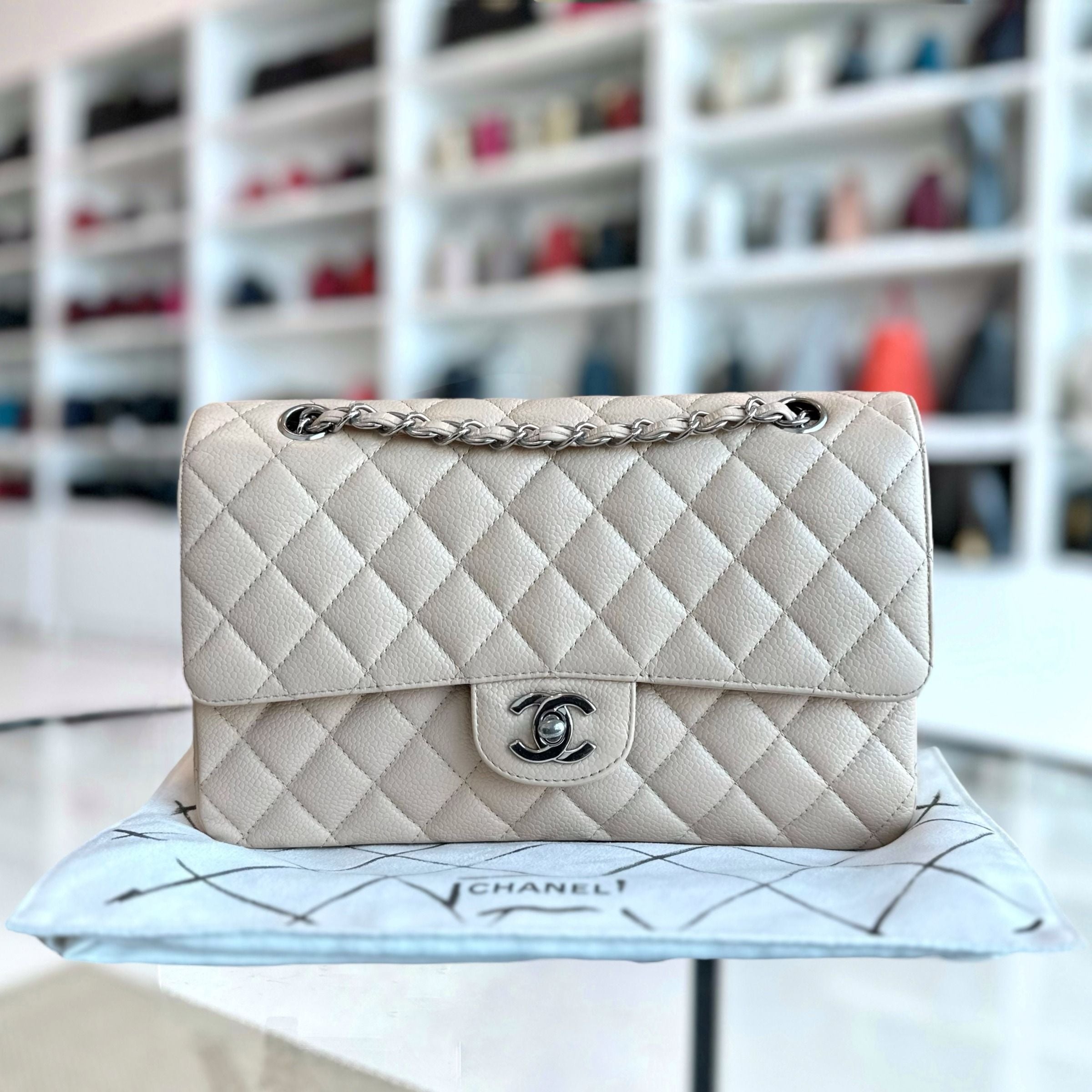 Chanel Caviar Classic Flap Quilted medium 25cm Calfskin Beige SHW No 12 - Luxury Evermore