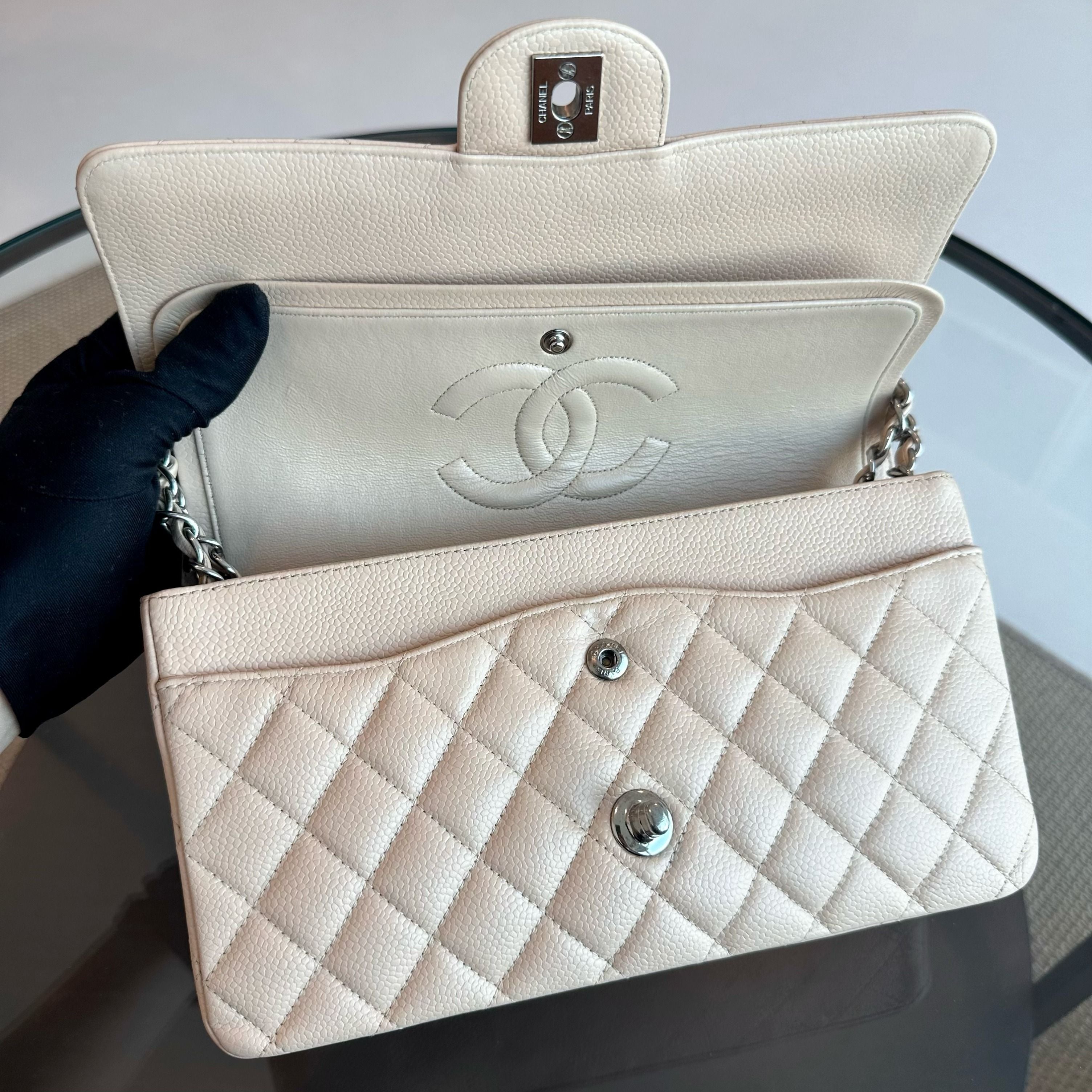 Chanel Caviar Classic Flap Quilted medium 25cm Calfskin Beige SHW No 12 - Luxury Evermore