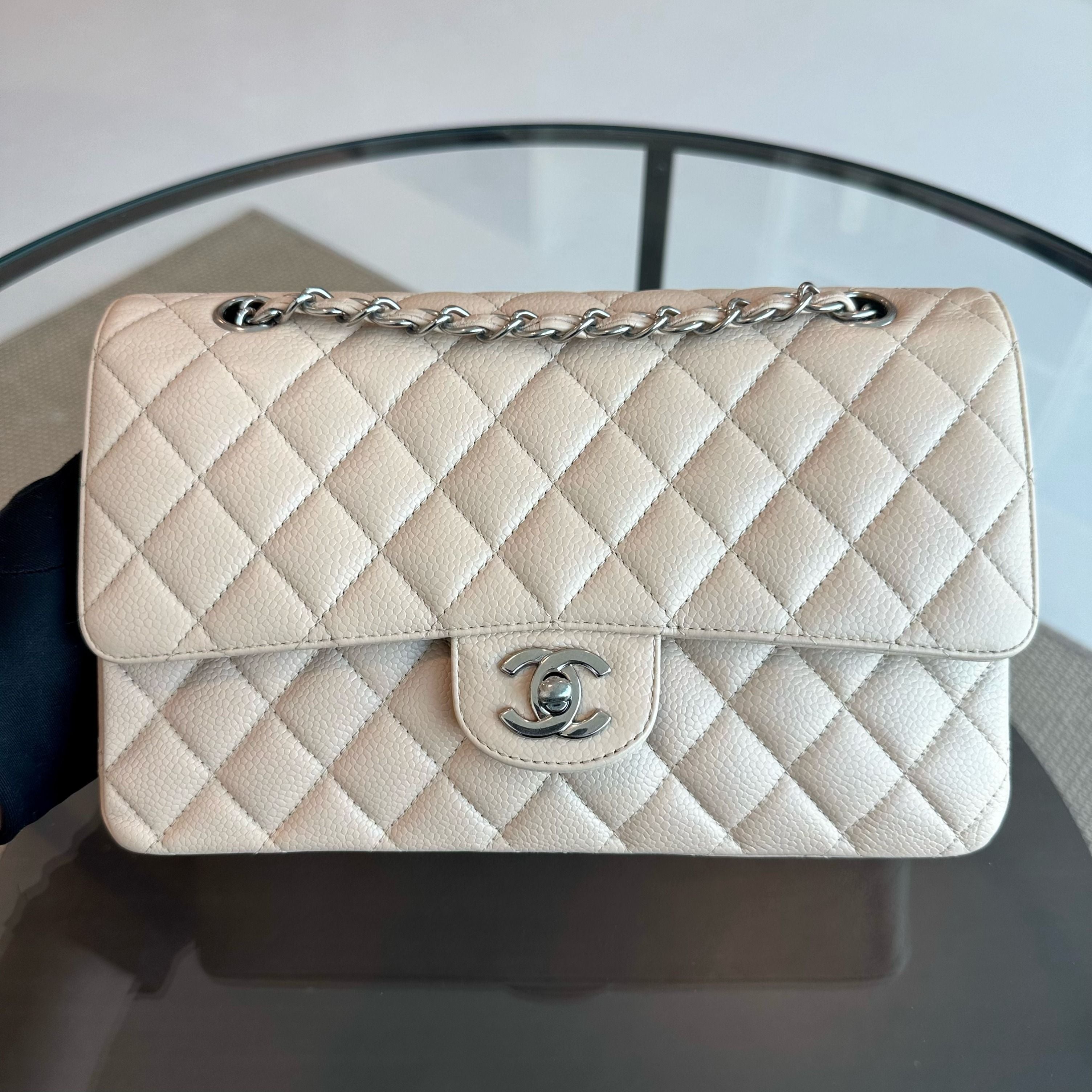 Chanel Caviar Classic Flap Quilted medium 25cm Calfskin Beige SHW No 12 - Luxury Evermore