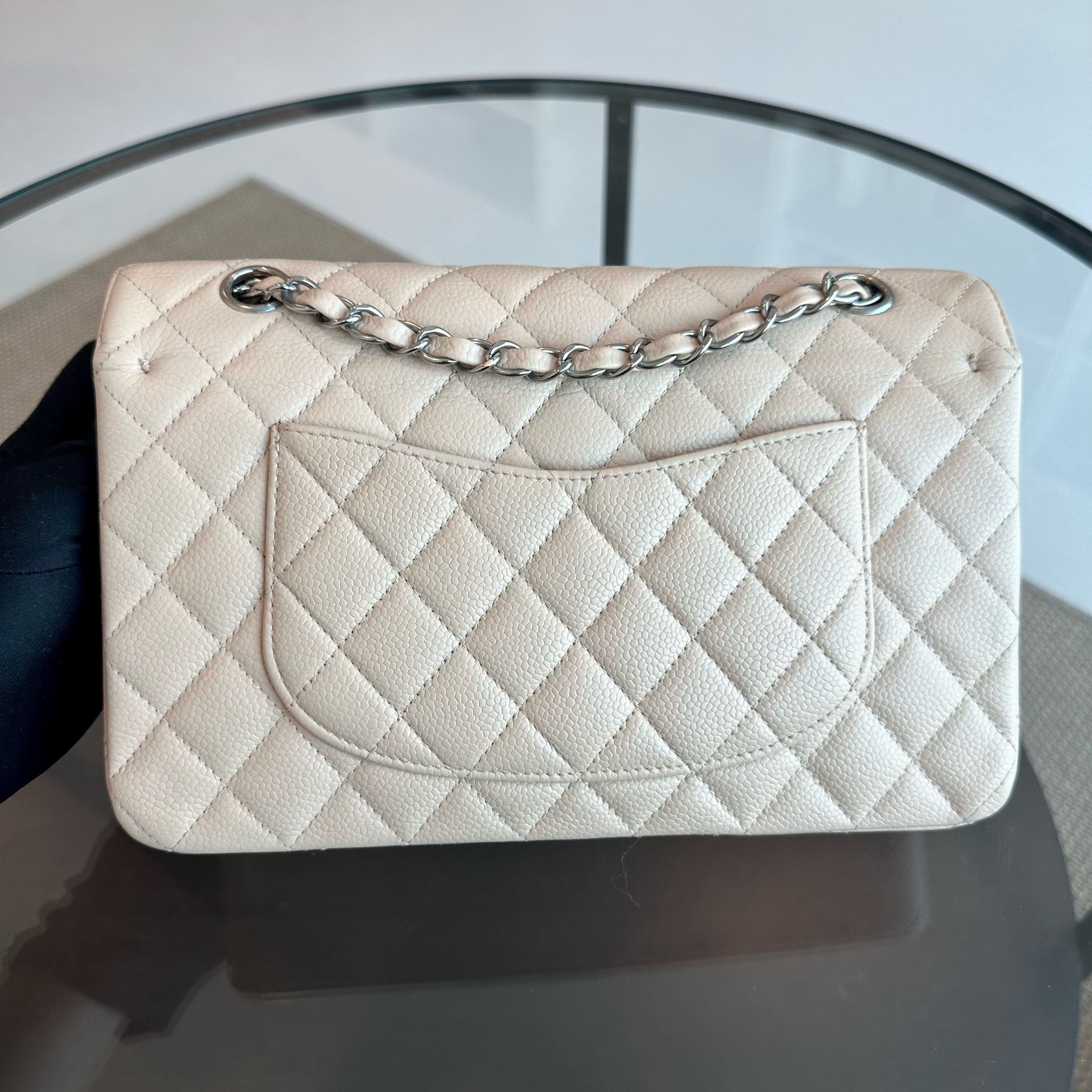 Chanel Caviar Classic Flap Quilted medium 25cm Calfskin Beige SHW No 12 - Luxury Evermore