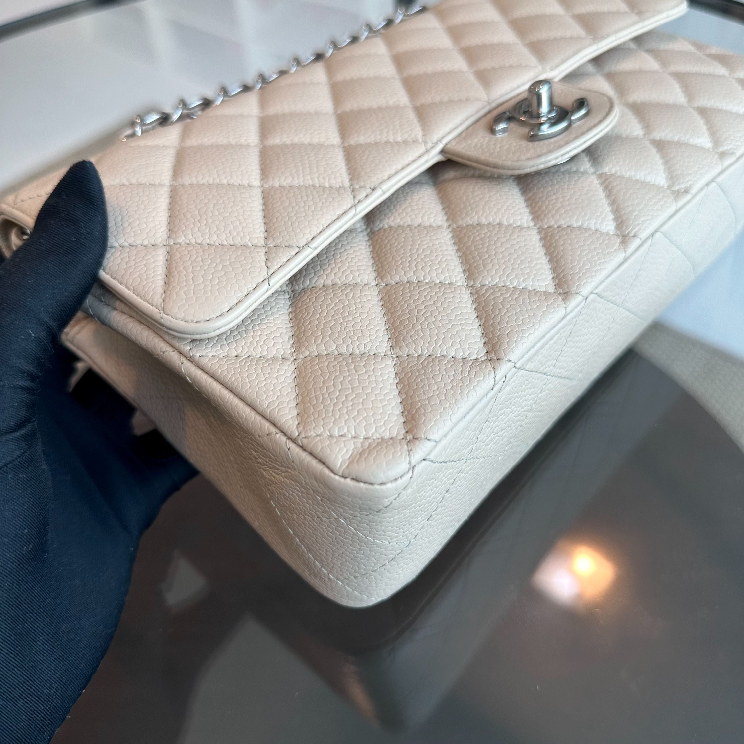 Chanel Caviar Classic Flap Quilted medium 25cm Calfskin Beige SHW No 12 - Luxury Evermore